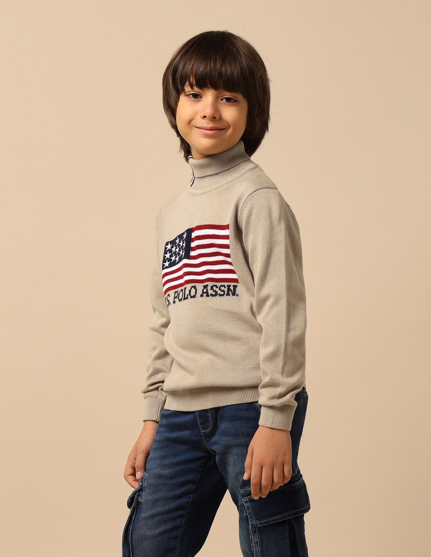 Boys Brand Printed Regular Fit Sweater Beige - U.S. Polo Assn. India | Large