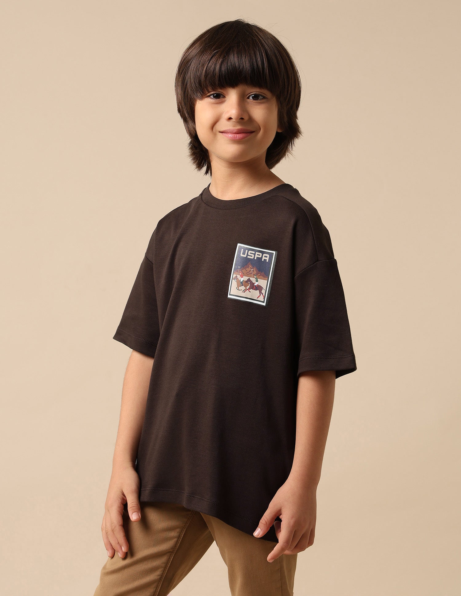 Boys Graphic Brand Printed Boxy Fit T Shirt Dark Brown - U.S. POLO ASSN. | Large