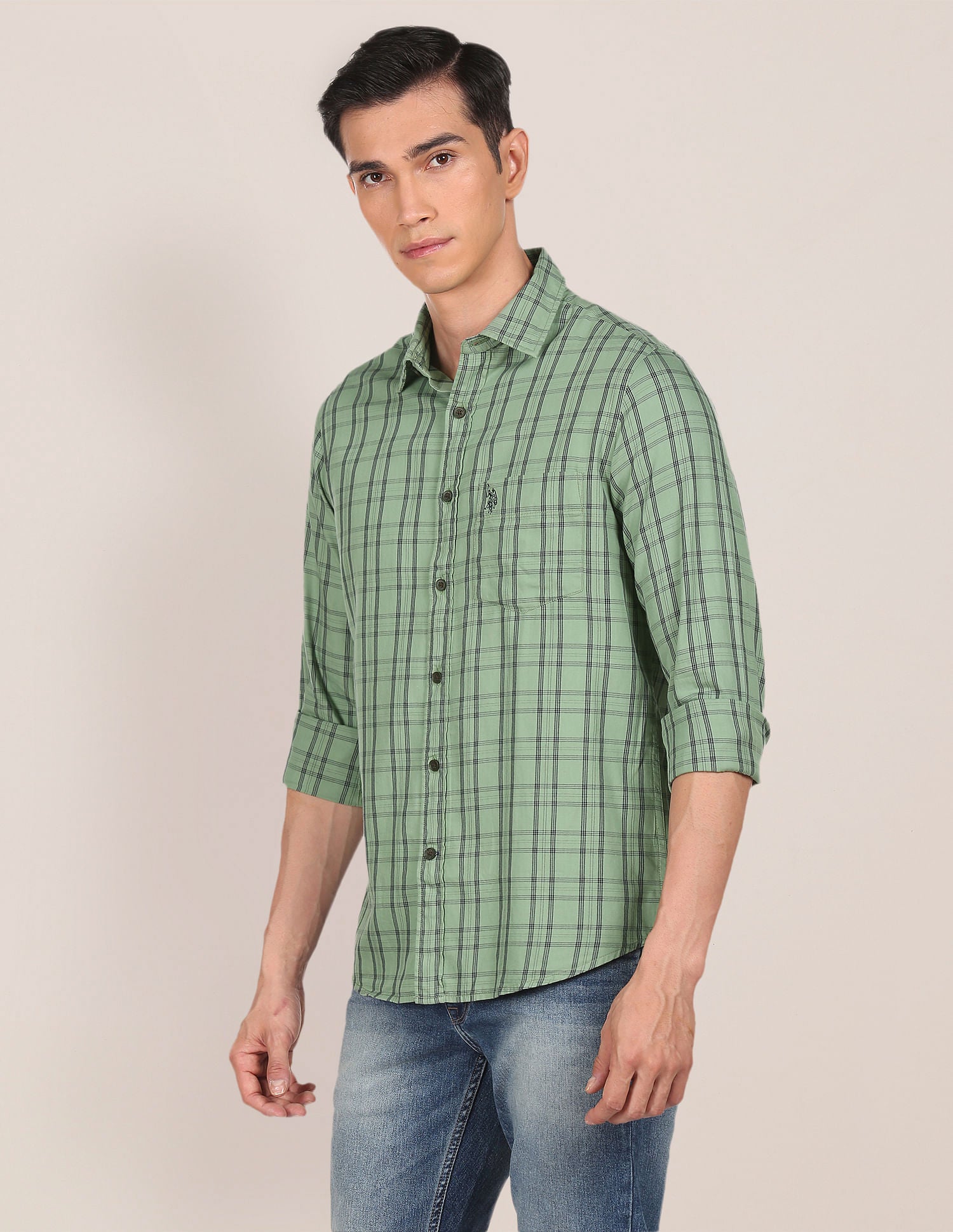 Men Green Pure Cotton Check Casual Shirt Green - U.S. POLO ASSN. | Large