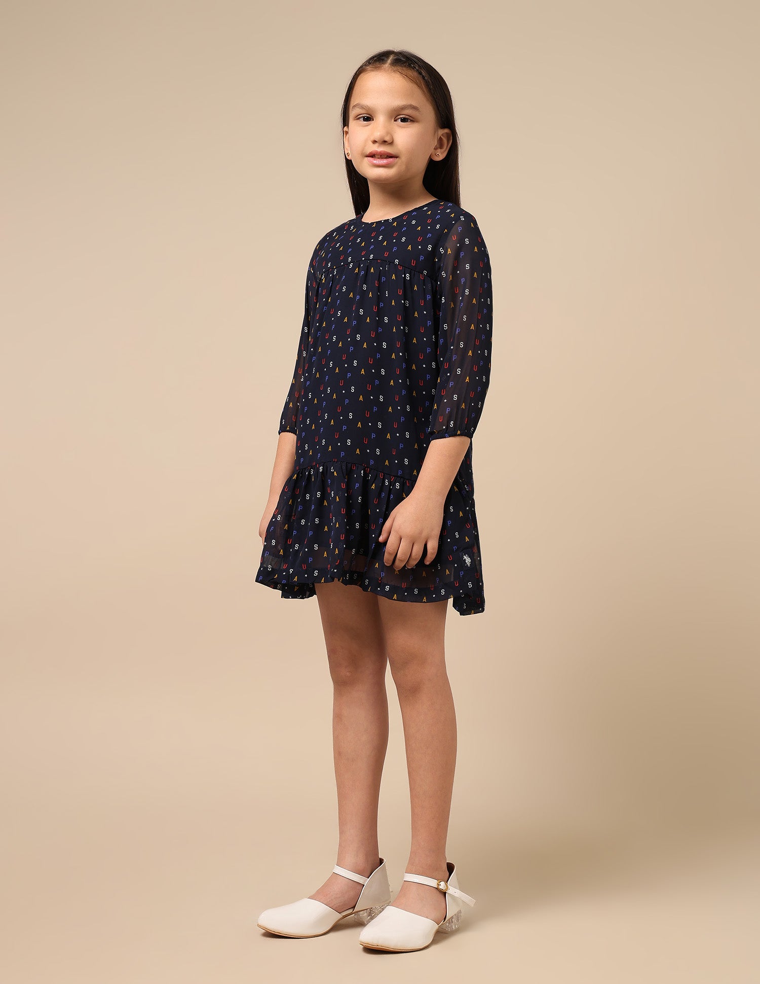 All Over Brand Print Long Sleeve A-Line Dress Navy - U.S. POLO ASSN. | Large