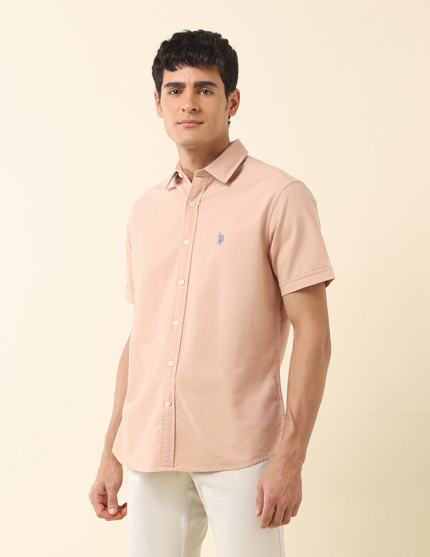 Tailored Fit Solid Pure Cotton Shirt Peach - U.S. Polo Assn. India | Large