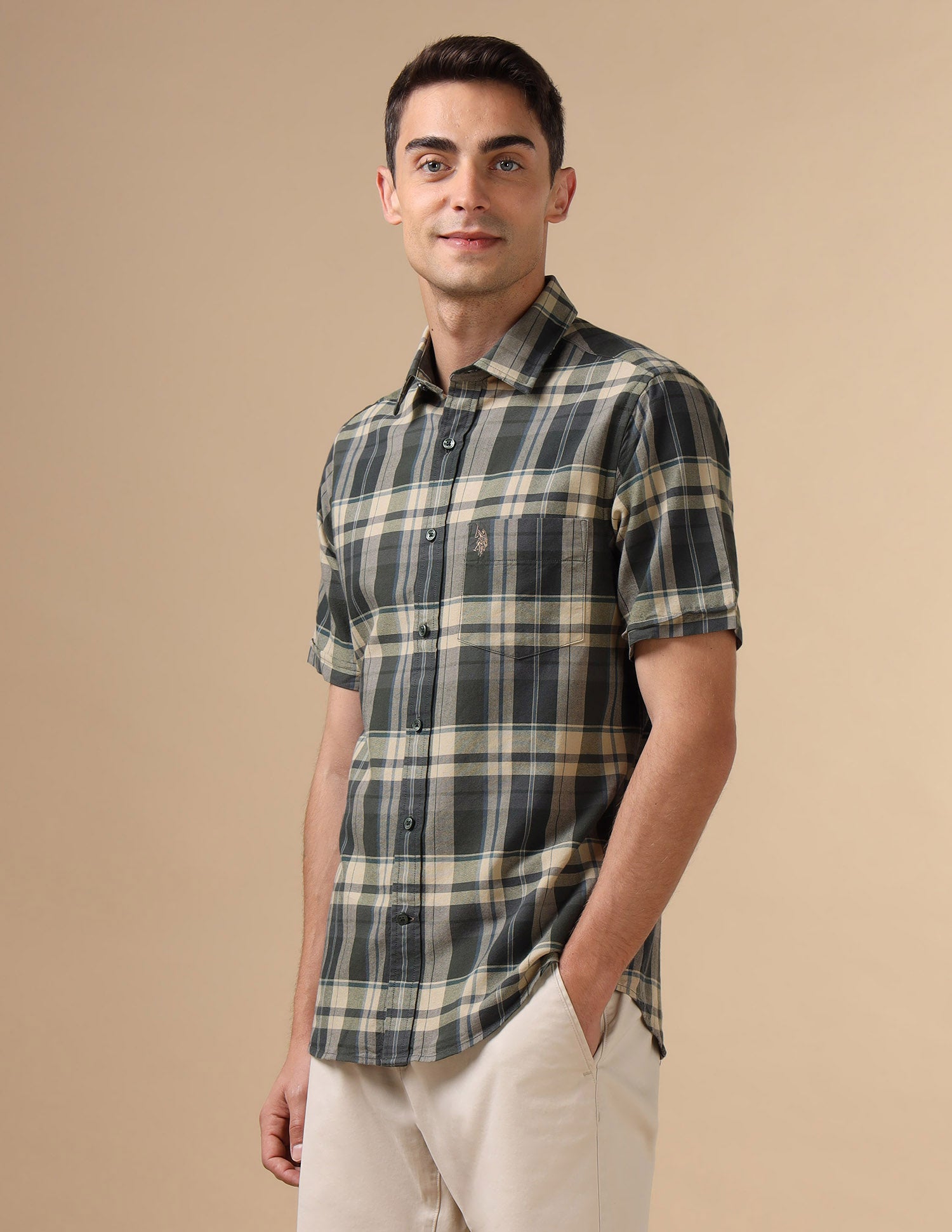 Pure Cotton Plaid Checked Oxford Shirt Olive - U.S. POLO ASSN. | Large