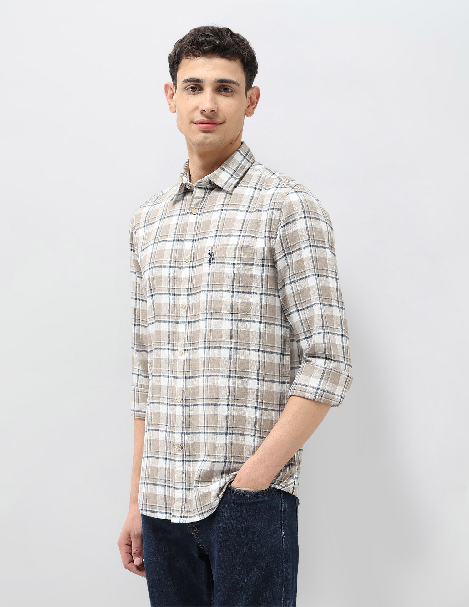 Tartan Checked Herringbone Shirt Khaki - U.S. POLO ASSN. | Large