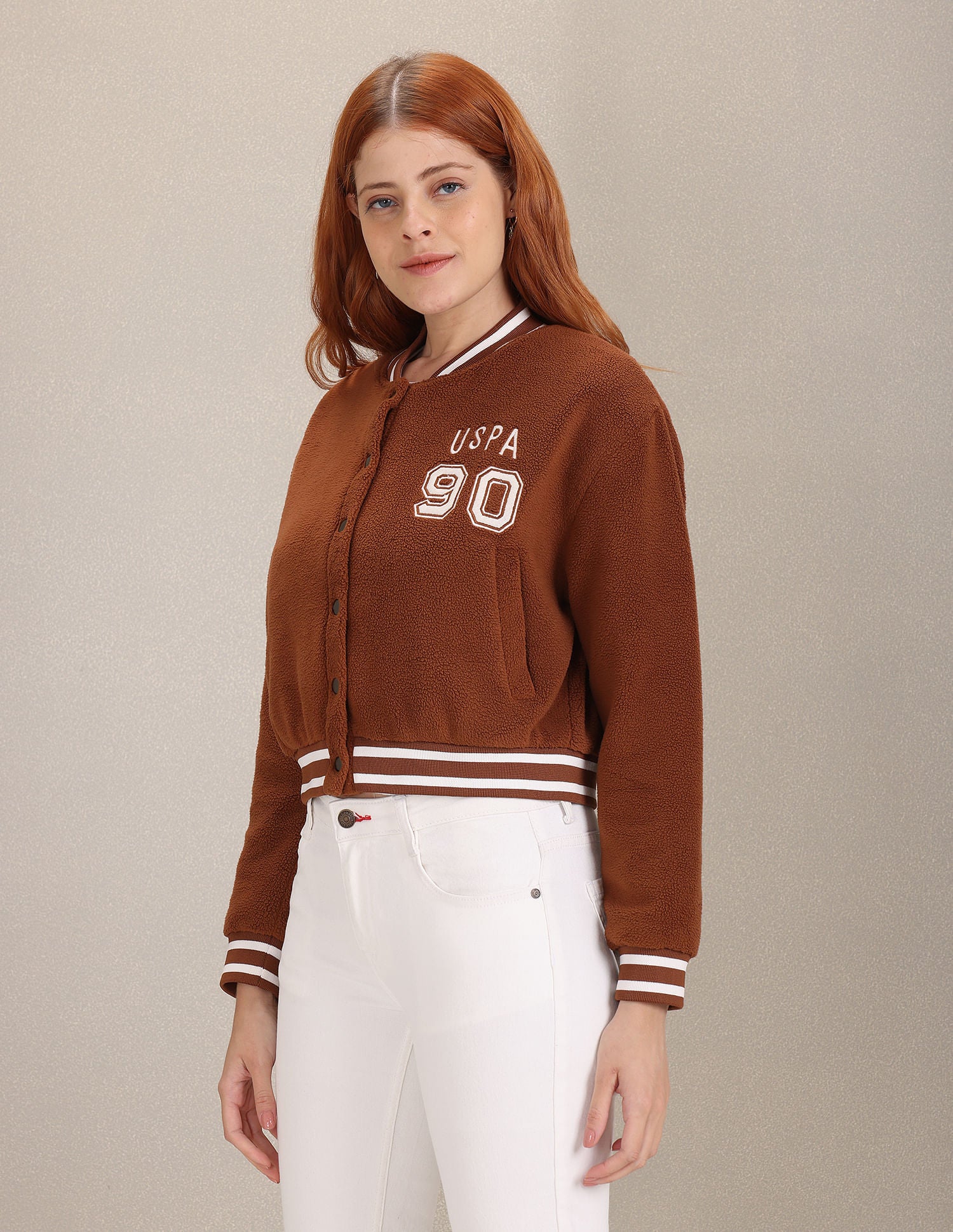 Solid Faux Fur Varsity Jacket Brown - U.S. POLO ASSN. | Large