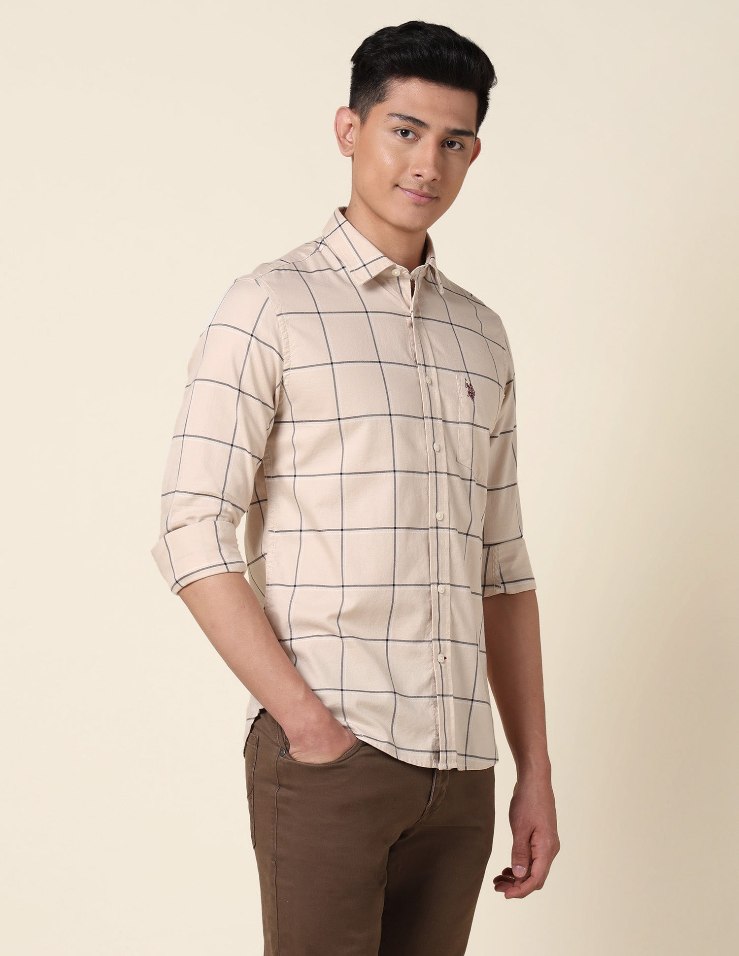 Windowpane Checked Tailored Fit Shirt Beige - U.S. Polo Assn. India | Large