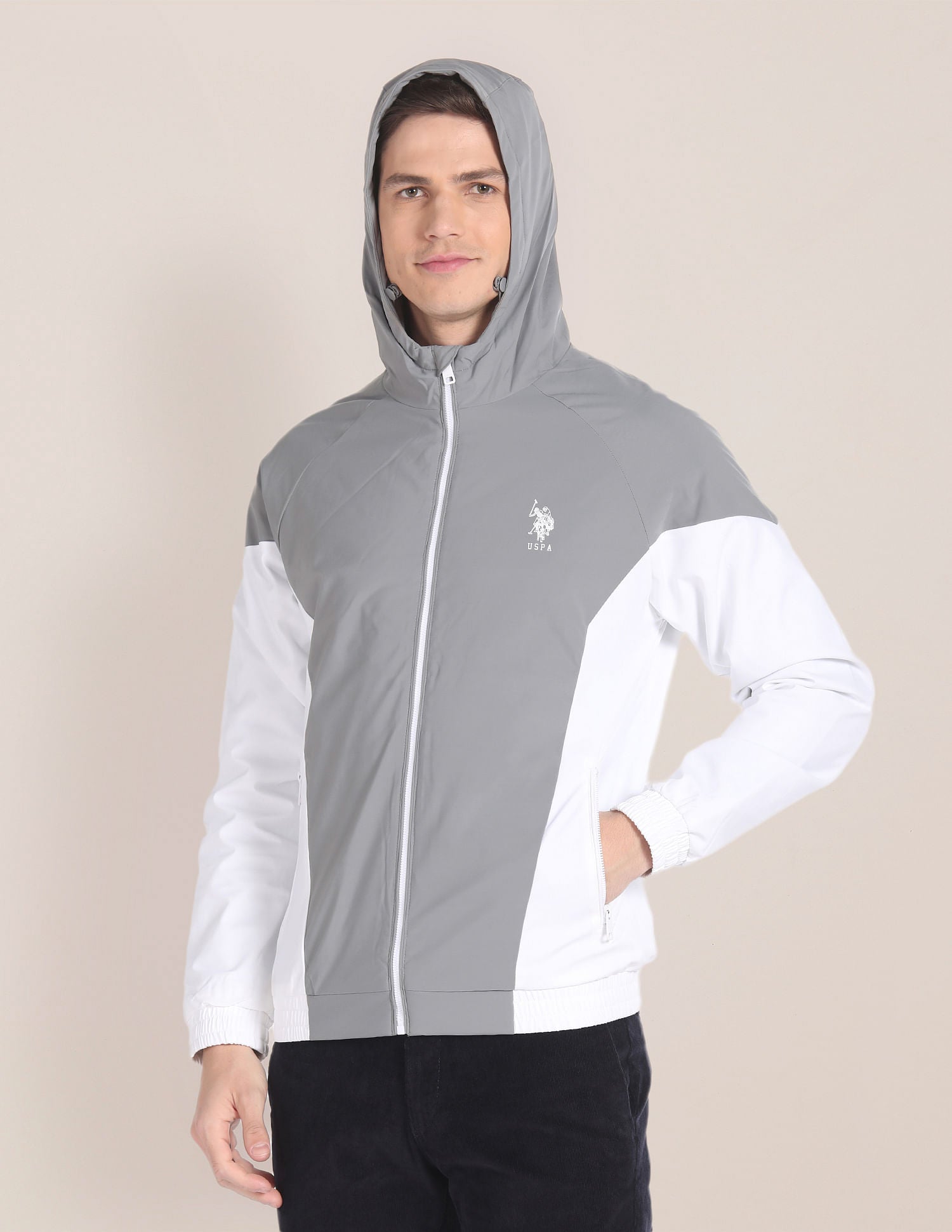 Colour Block Logo Hooded Jacket Grey and White - U.S. POLO ASSN. | Large