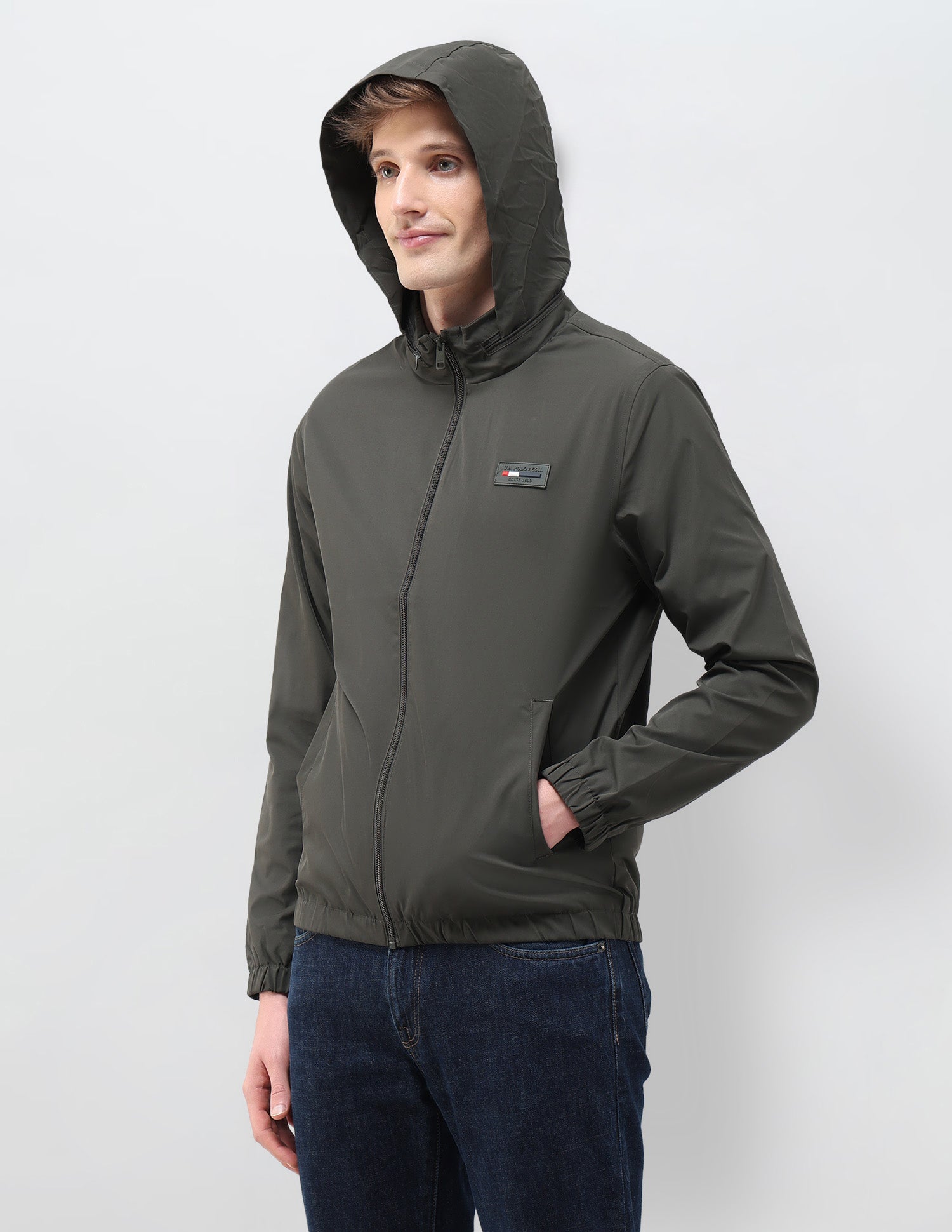 Regular Fit Solid Packable Hood Jacket Dark Olive - U.S. Polo Assn. India | Large