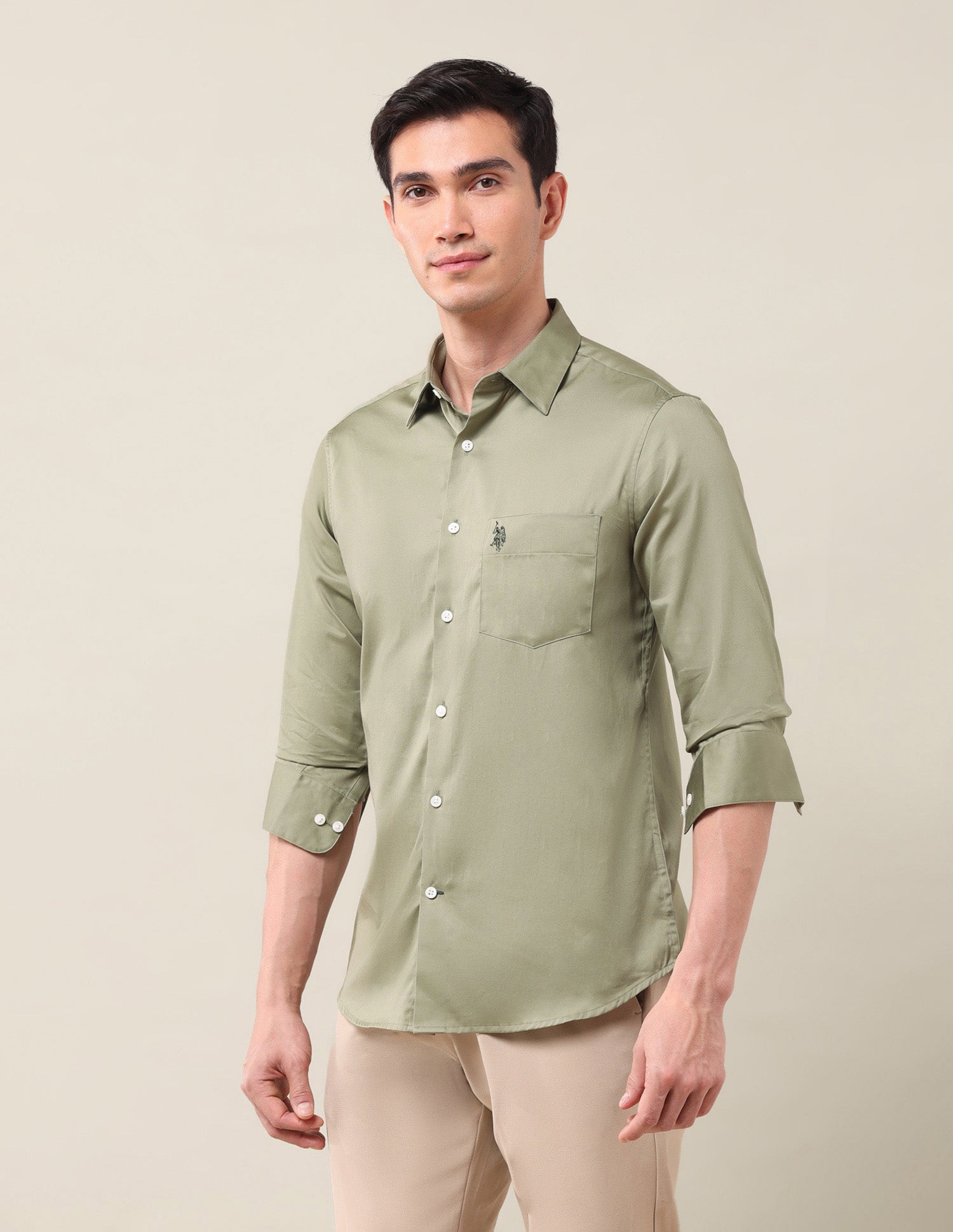 Tailored Fit Satin Shirt Light Olive - U.S. POLO ASSN. | Large