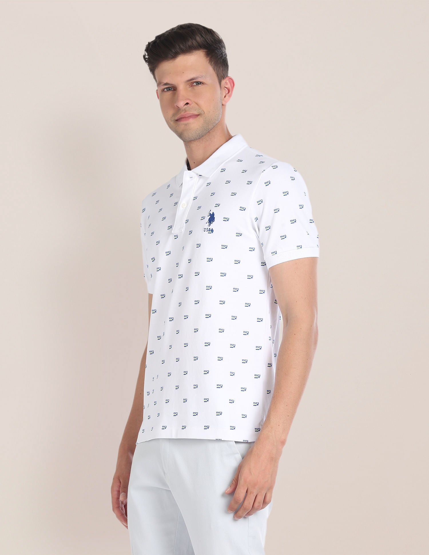 Brand Print Slim Polo Shirt White - U.S. Polo Assn. India | Large