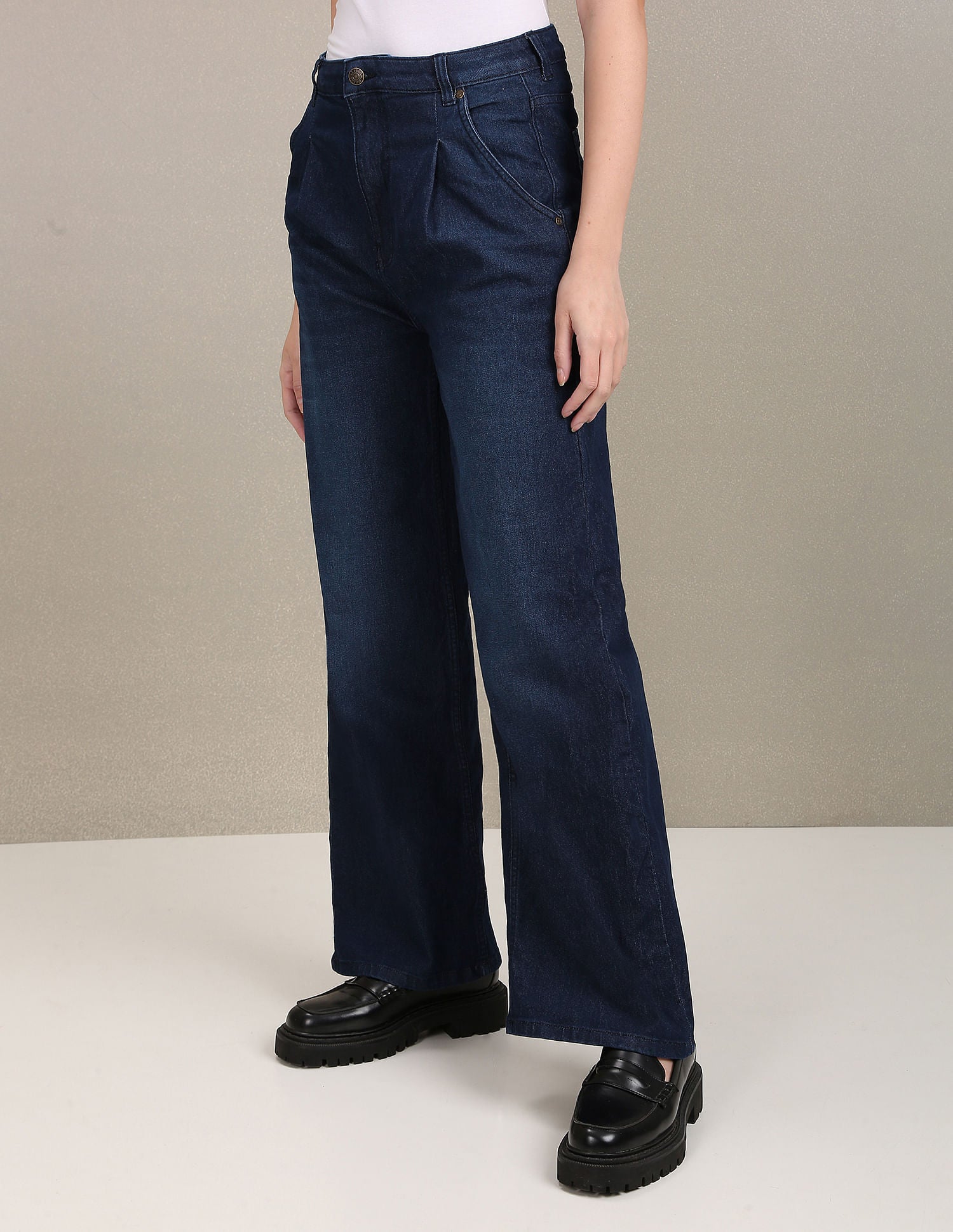 High Rise Pleated Wide Leg Jeans Dark Blue - U.S. Polo Assn. India | Large