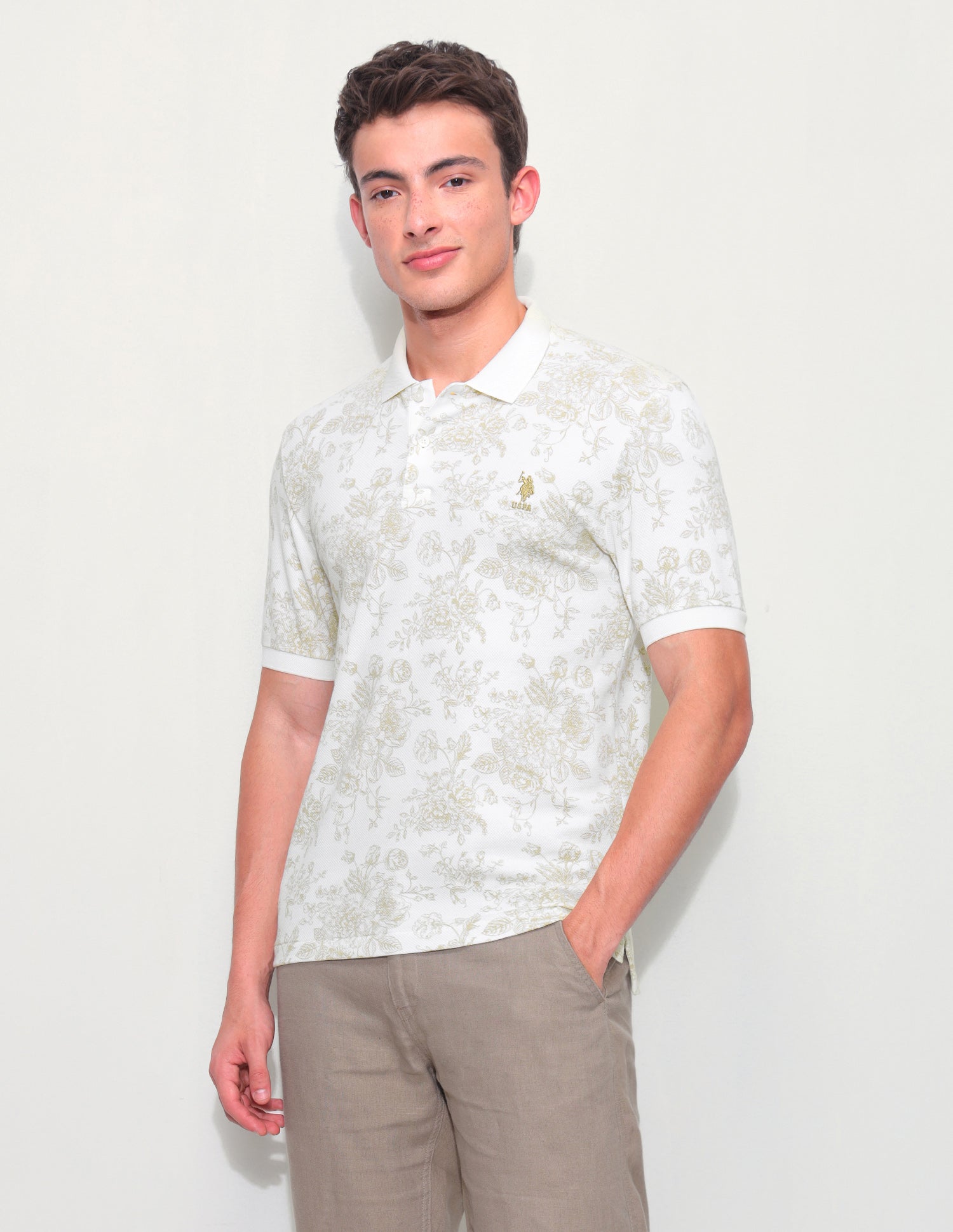 Floral Printed Slim Fit Polo Shirt Beige - U.S. Polo Assn. India | Large