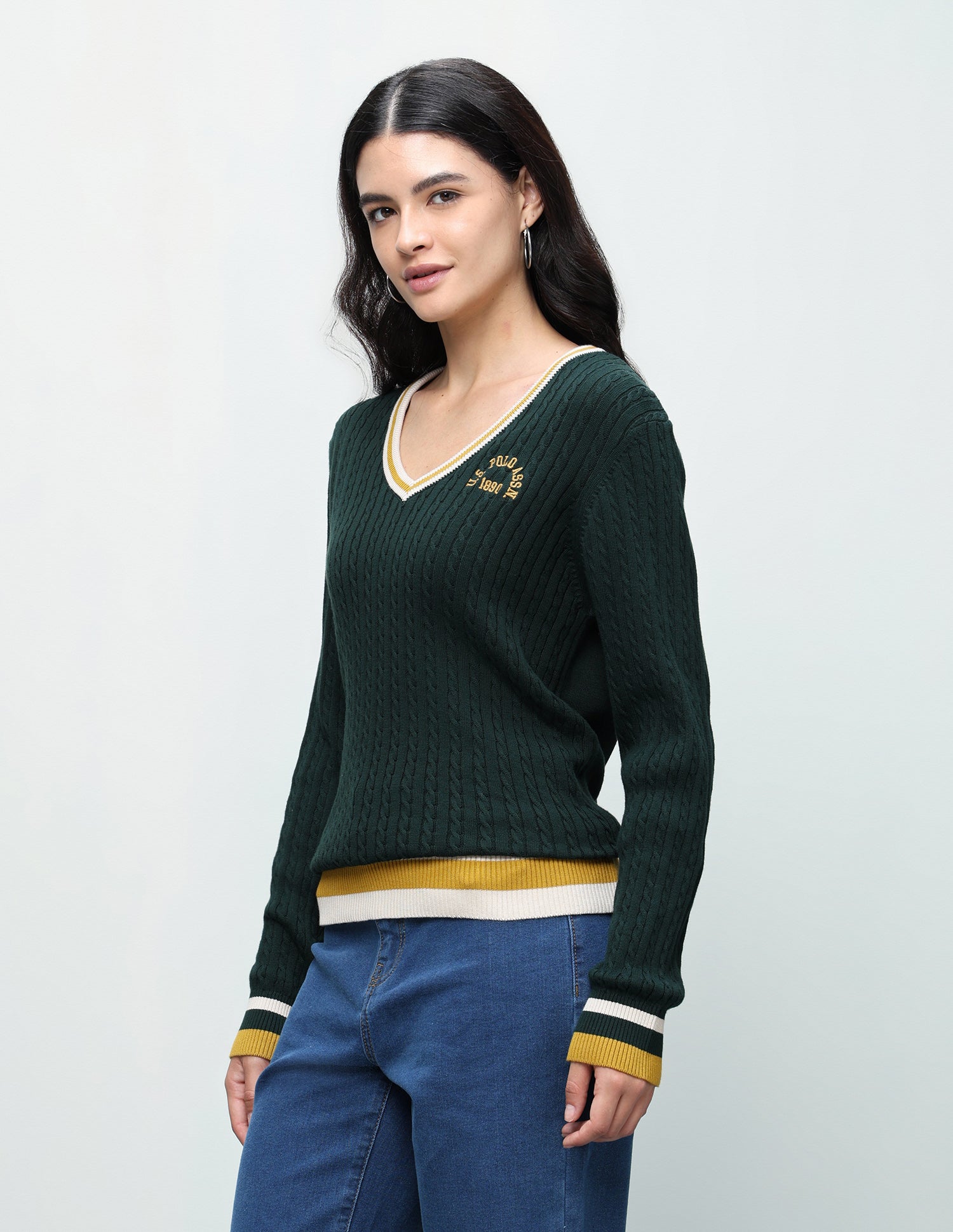 Cable Patterned Knit Regular Fit Sweater Dark Green - U.S. Polo Assn. India | Large