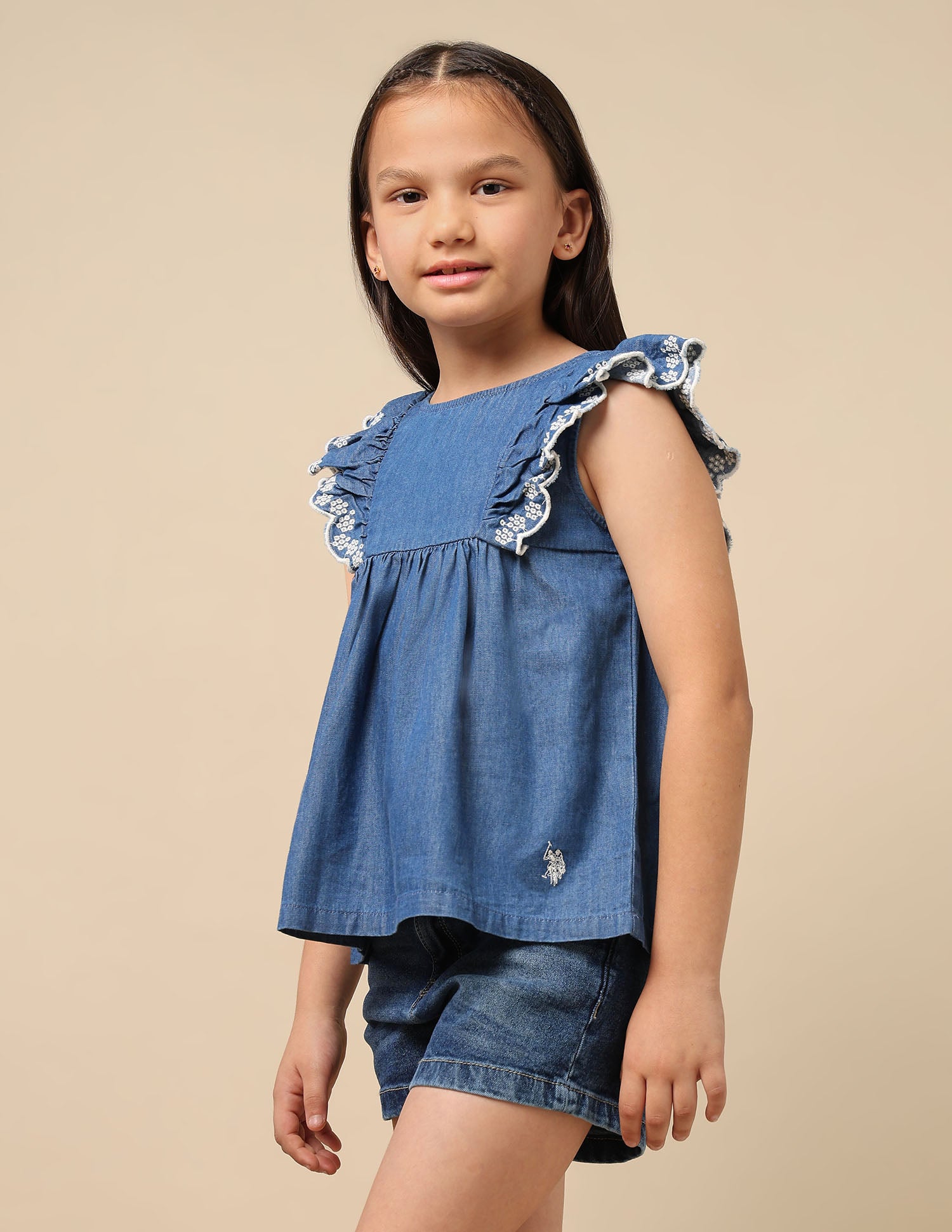Girls Round Neck Denim Top Blue - U.S. Polo Assn. India | Large
