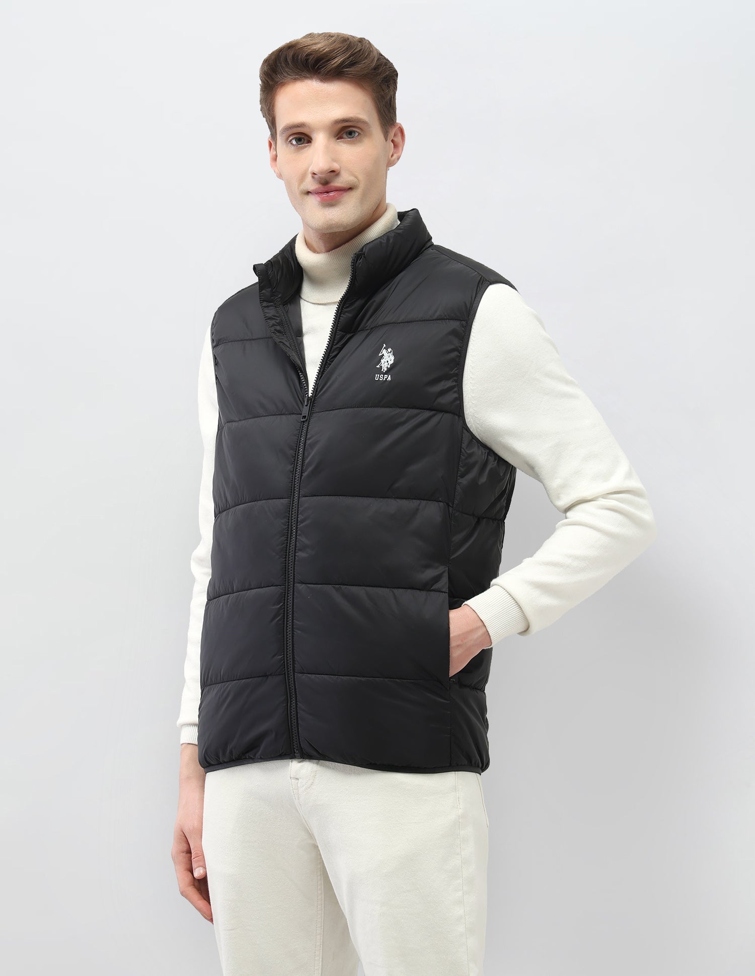 Solid Regular Fit Puffer Sleeveless Jacket Black - U.S. Polo Assn. India | Large