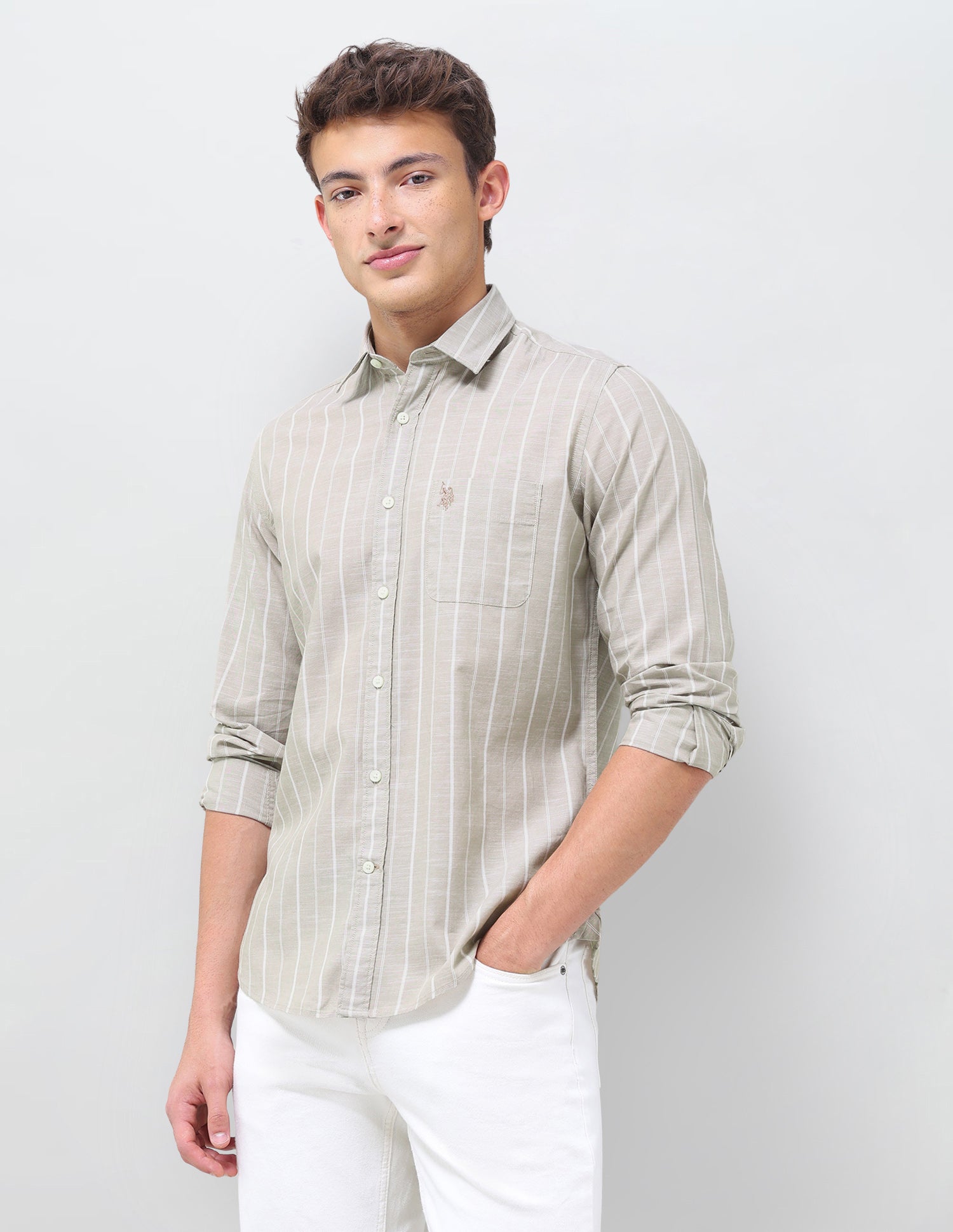 Vertical Striped Regular Fit Shirt Beige - U.S. Polo Assn. India | Large