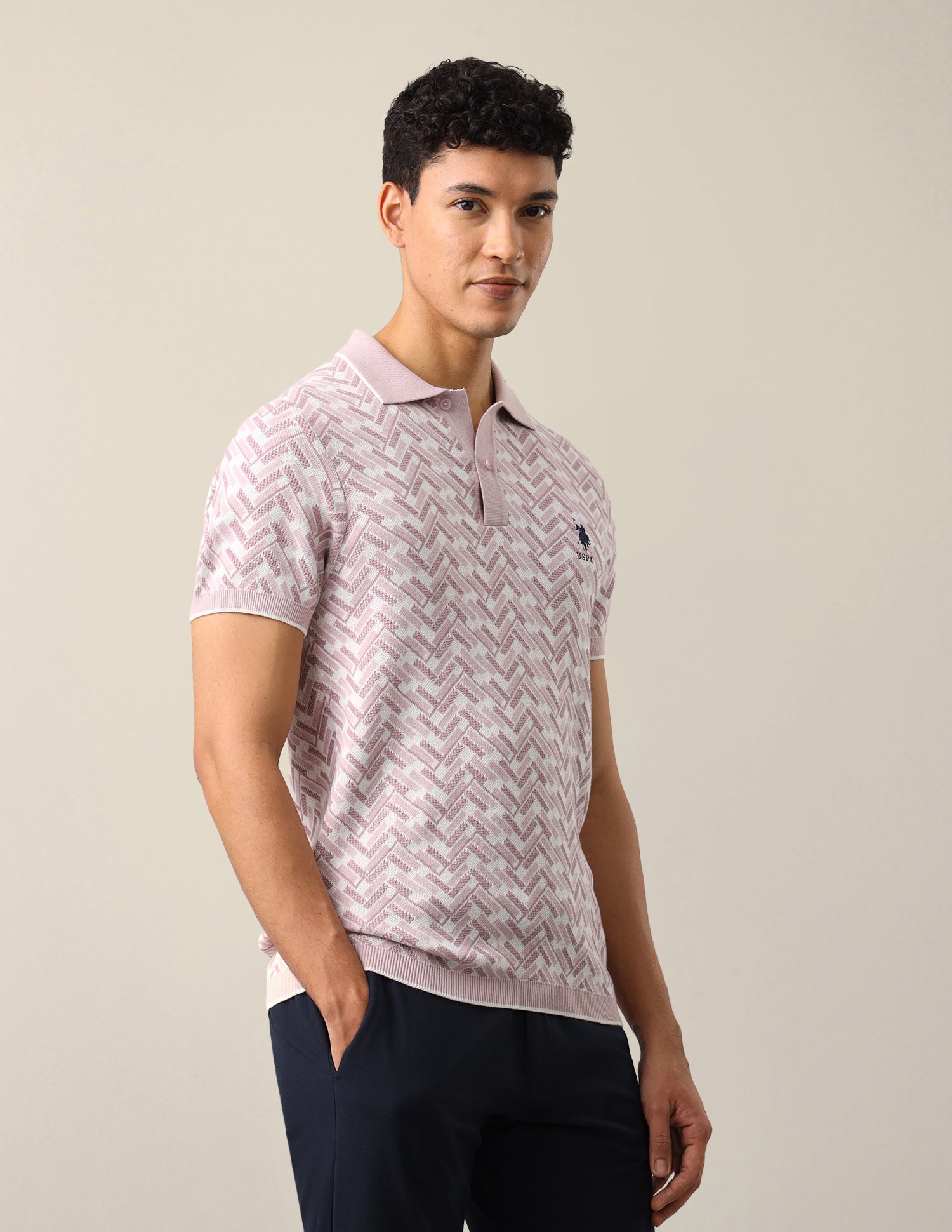 Geometric Patterned Knit Slim Fit Polo Shirt Pink - U.S. Polo Assn. India | Large