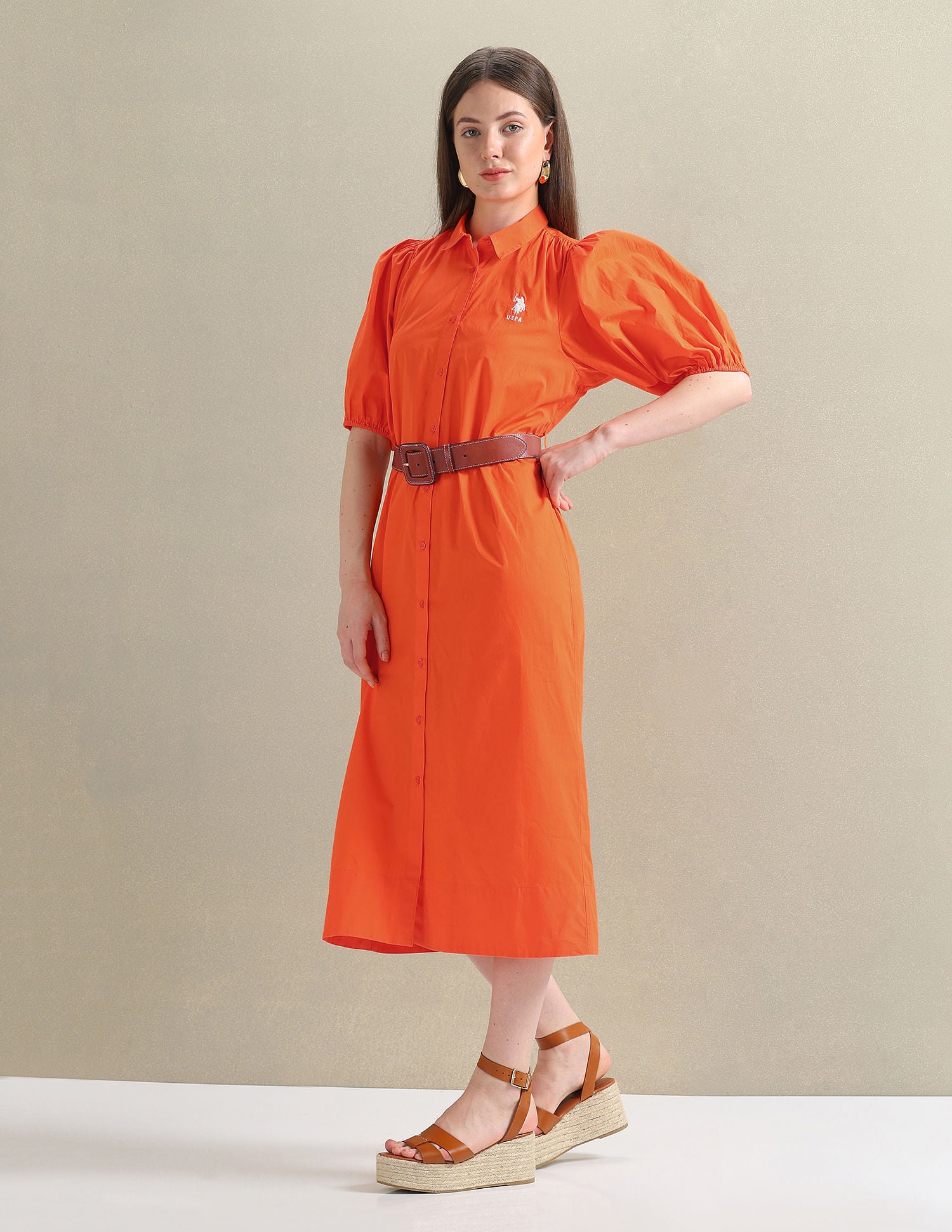 Pure Cotton Relaxed Shirt Dress Orange - U.S. POLO ASSN. | Large