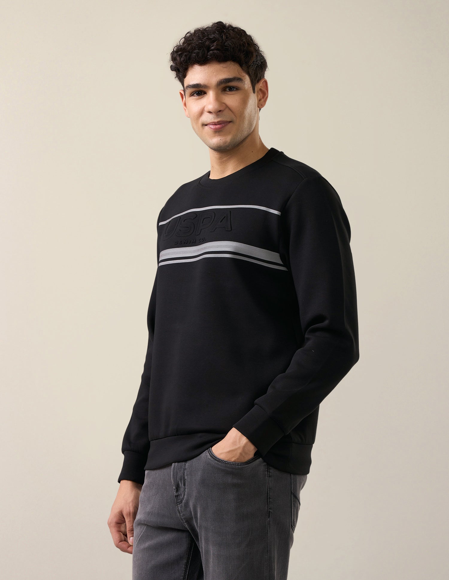 Brand Embossed Regular Fit Sweatshirt Black - U.S. Polo Assn. India | Large
