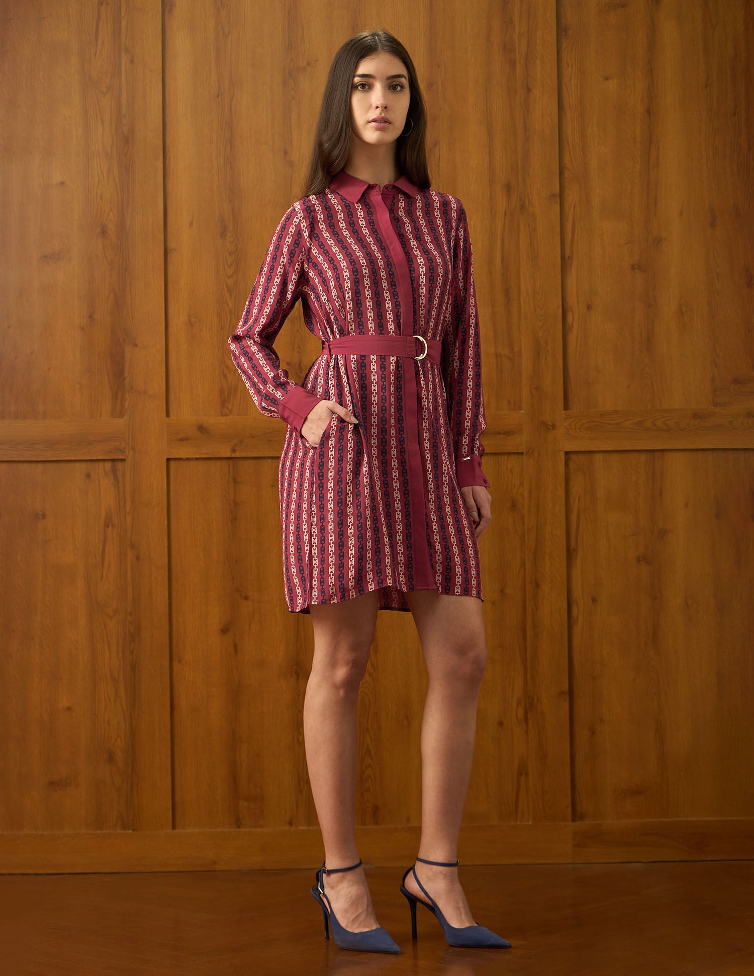 Abstract Printed Mini Shirt Dress With Belt Red - U.S. POLO ASSN. | Large