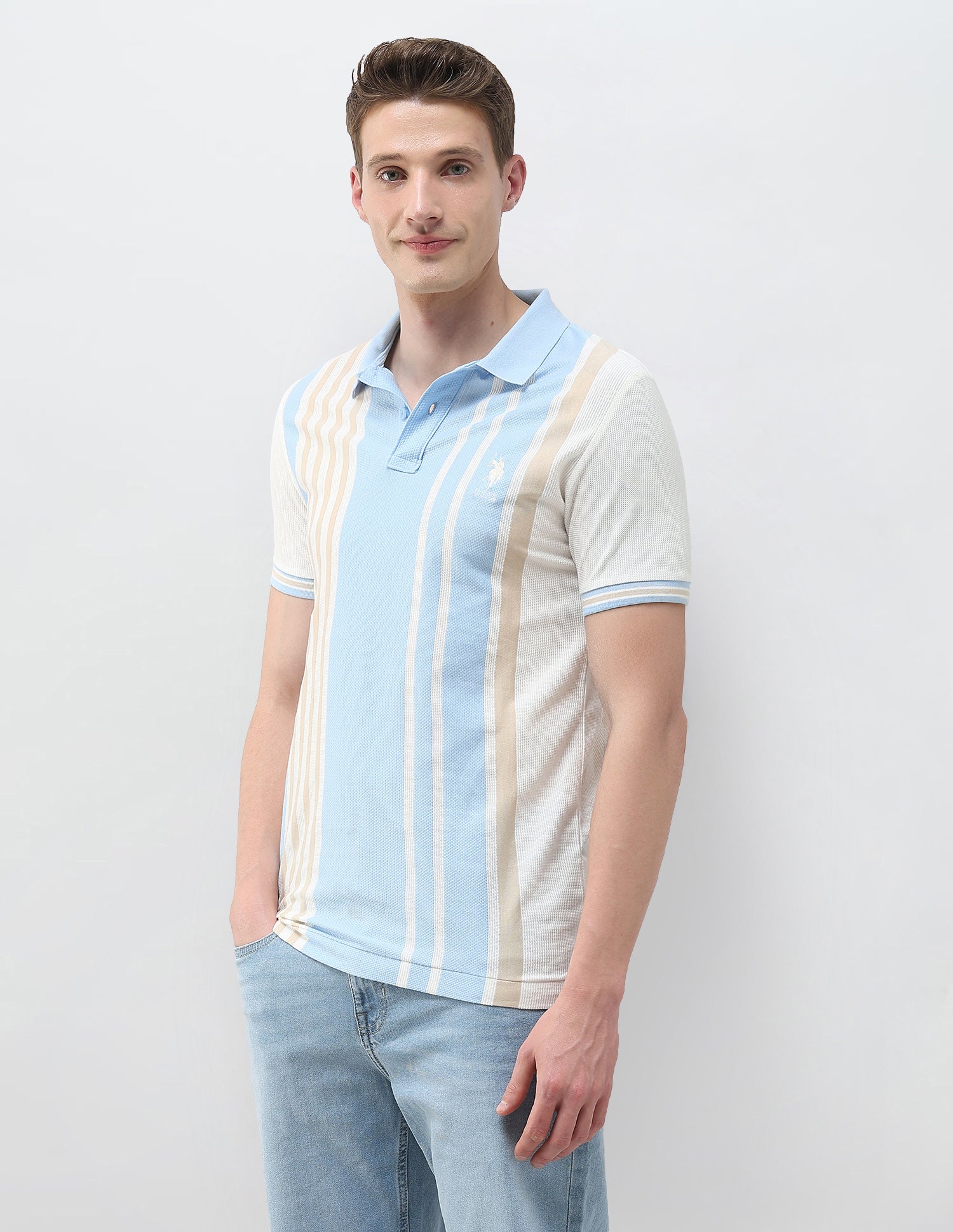 Self Design Vertical Striped Slim Fit Polo Shirt Light Blue - U.S. Polo Assn. India | Large