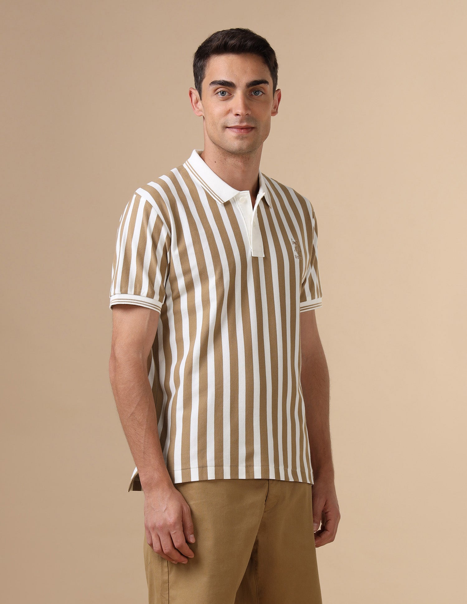 Vertical Striped Varsity Polo Shirt Light Brown - U.S. POLO ASSN. | Large