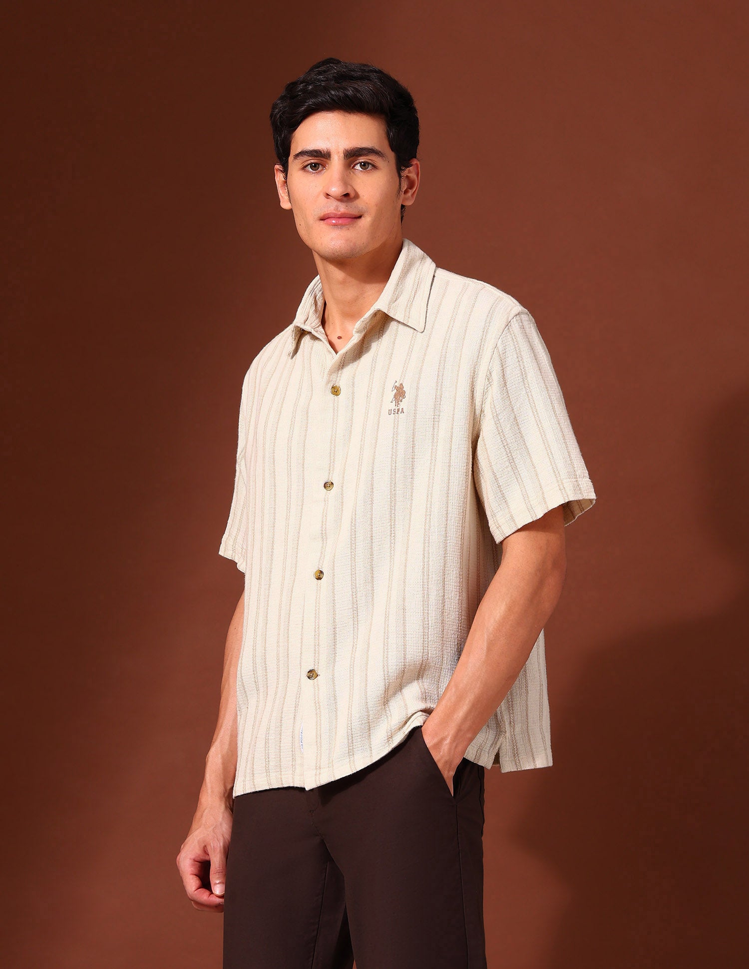 Vertical Striped Pure Cotton Shirt Beige - U.S. Polo Assn. India | Large
