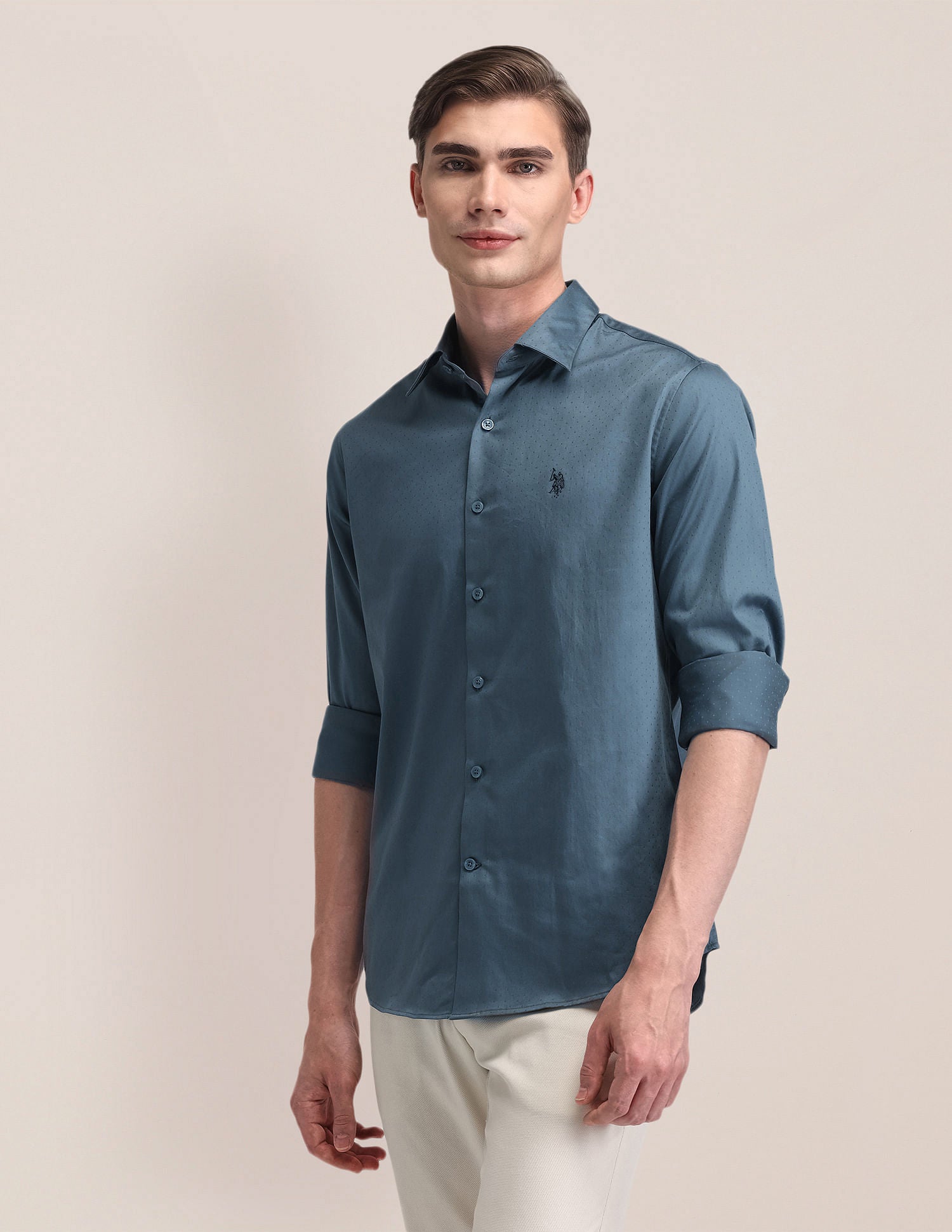 Tailored Fit Satin Shirt Teal - U.S. Polo Assn. India | Large