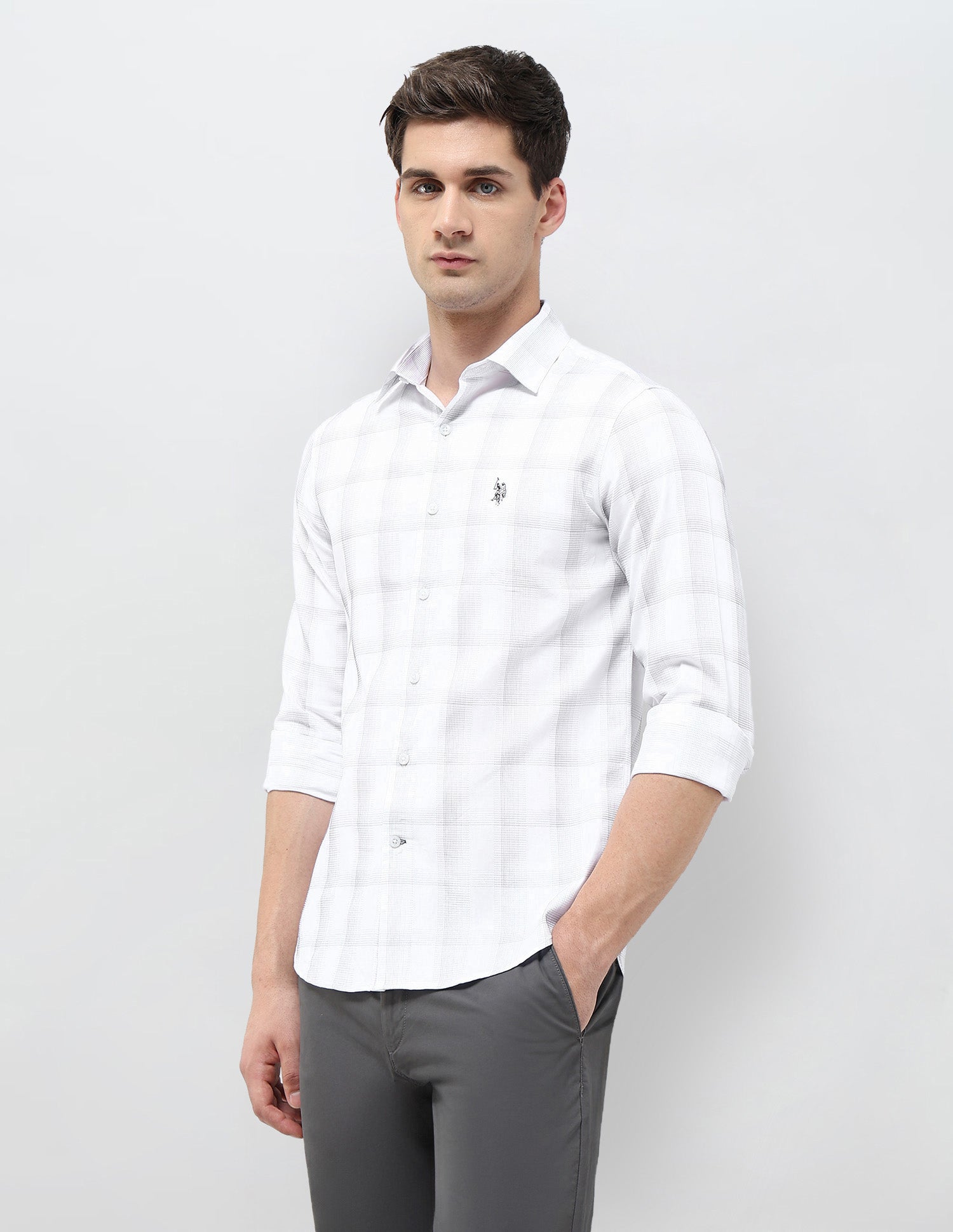Textured With Grid Checked Dobby Shirt White - U.S. POLO ASSN. | Large
