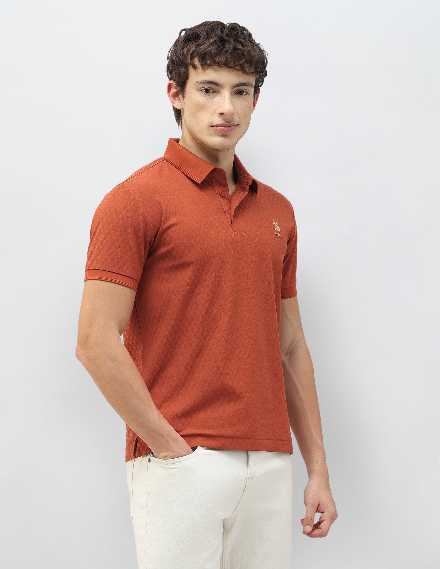 Geometric Patterned Knit Slim Fit Polo Shirt Rust - U.S. Polo Assn. India | Large