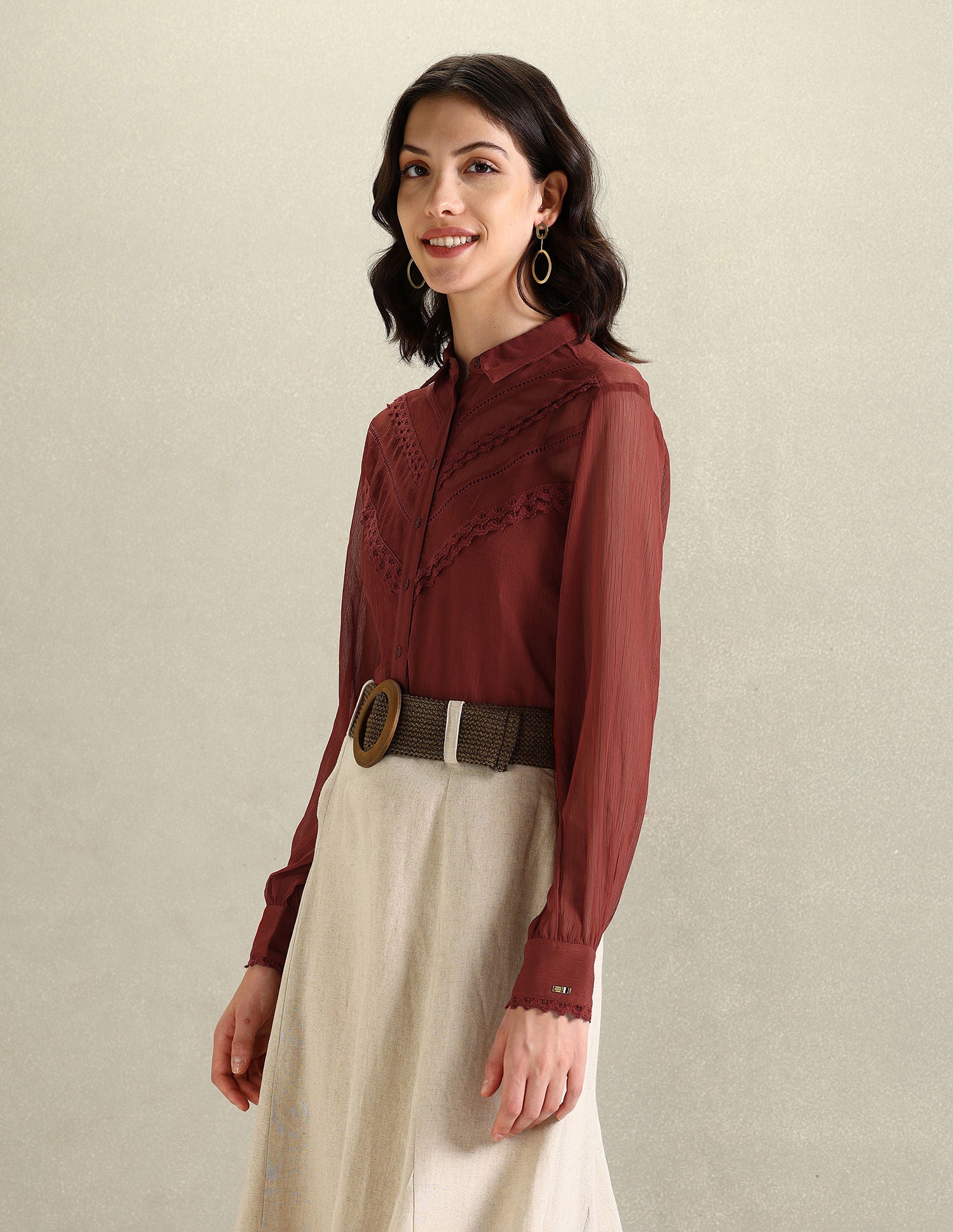 Lace Detail Chiffon Shirt Rust - U.S. POLO ASSN. | Large