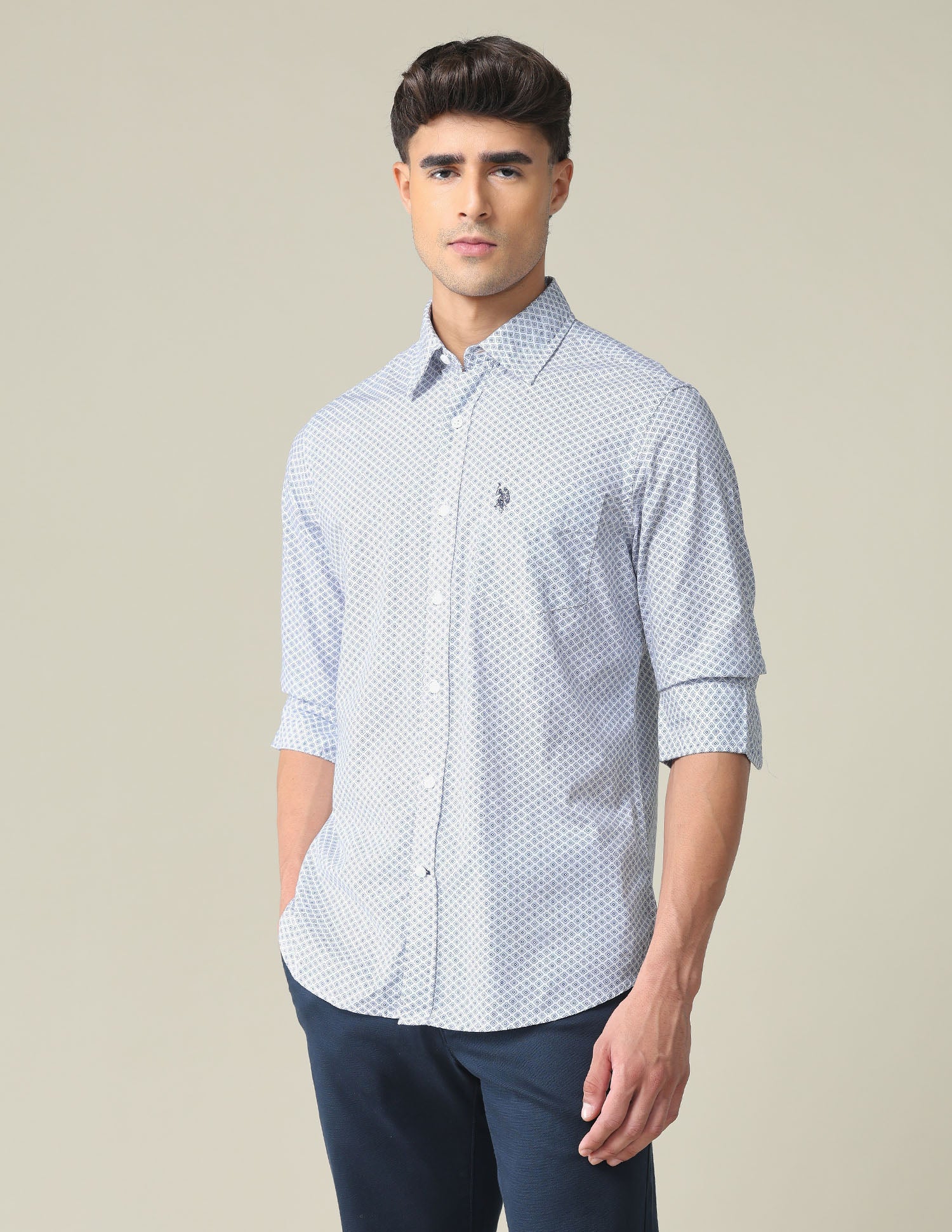 Rounded Cuff Geometric Shirt Blue - U.S. POLO ASSN. | Large