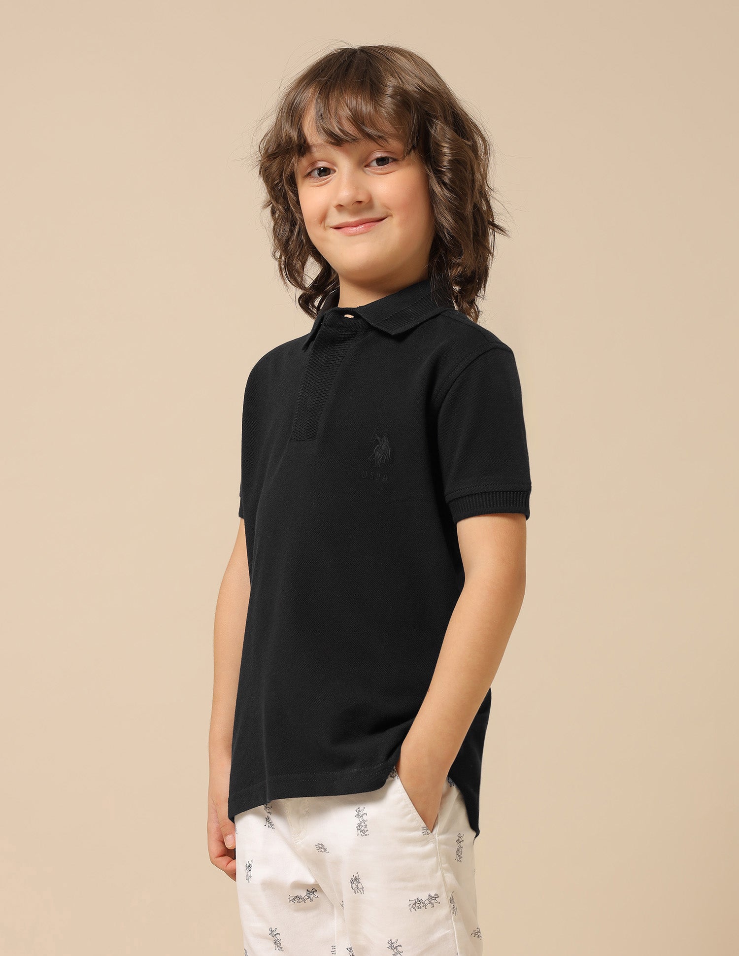 Boys Pure Cotton Solid Polo Shirt Black - U.S. POLO ASSN. | Large