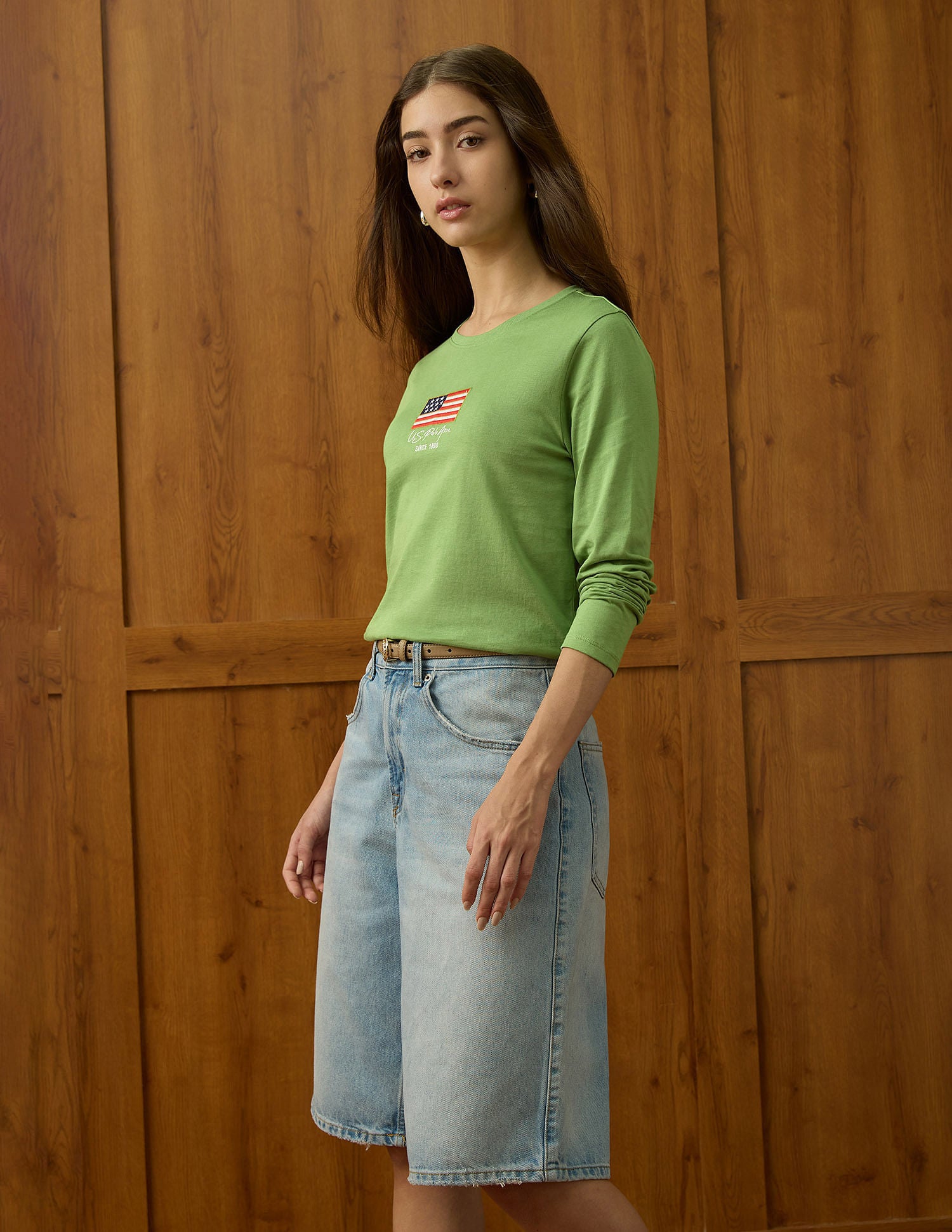 Crew Neck Full Sleeves Tshirt With Flag Embroidery Light Green - U.S. POLO ASSN. | Large