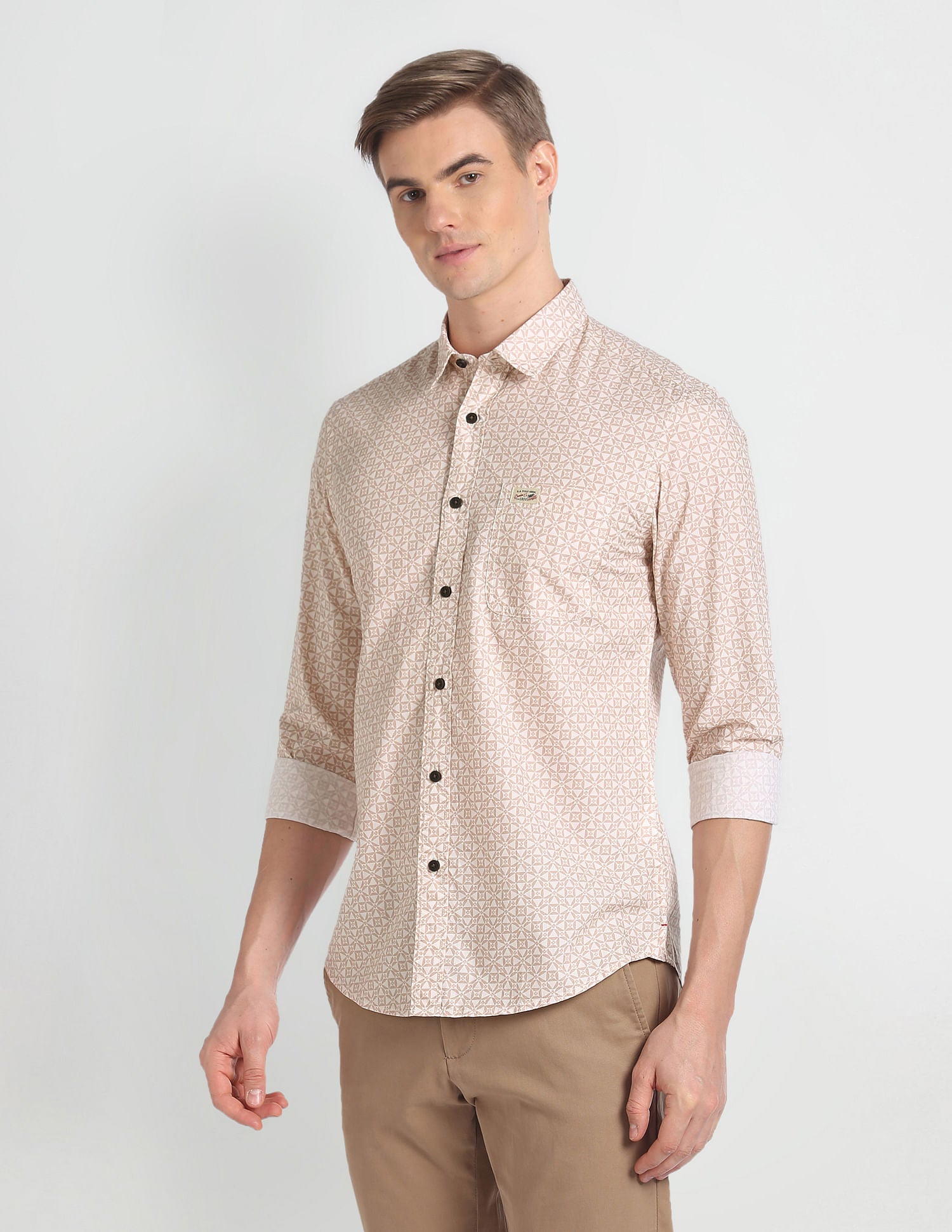 Cutaway Collar Geometric Print Shirt Mustard - U.S. Polo Assn. India | Large