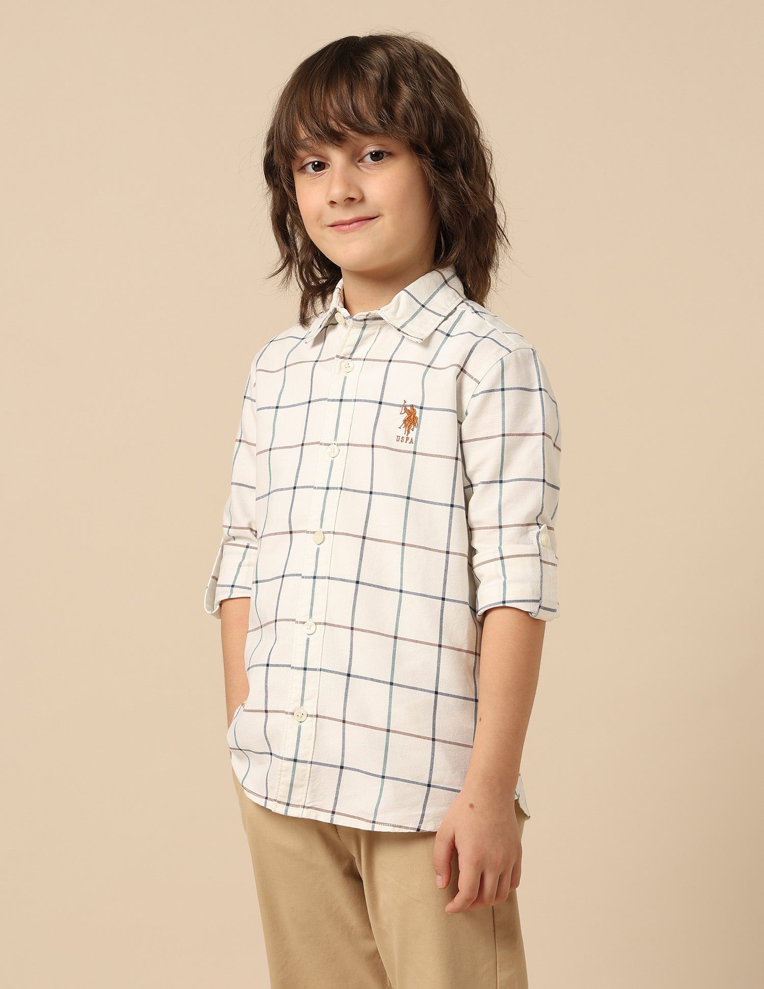 Boys Windowpane Checked Oxford Shirt Beige - U.S. POLO ASSN. | Large