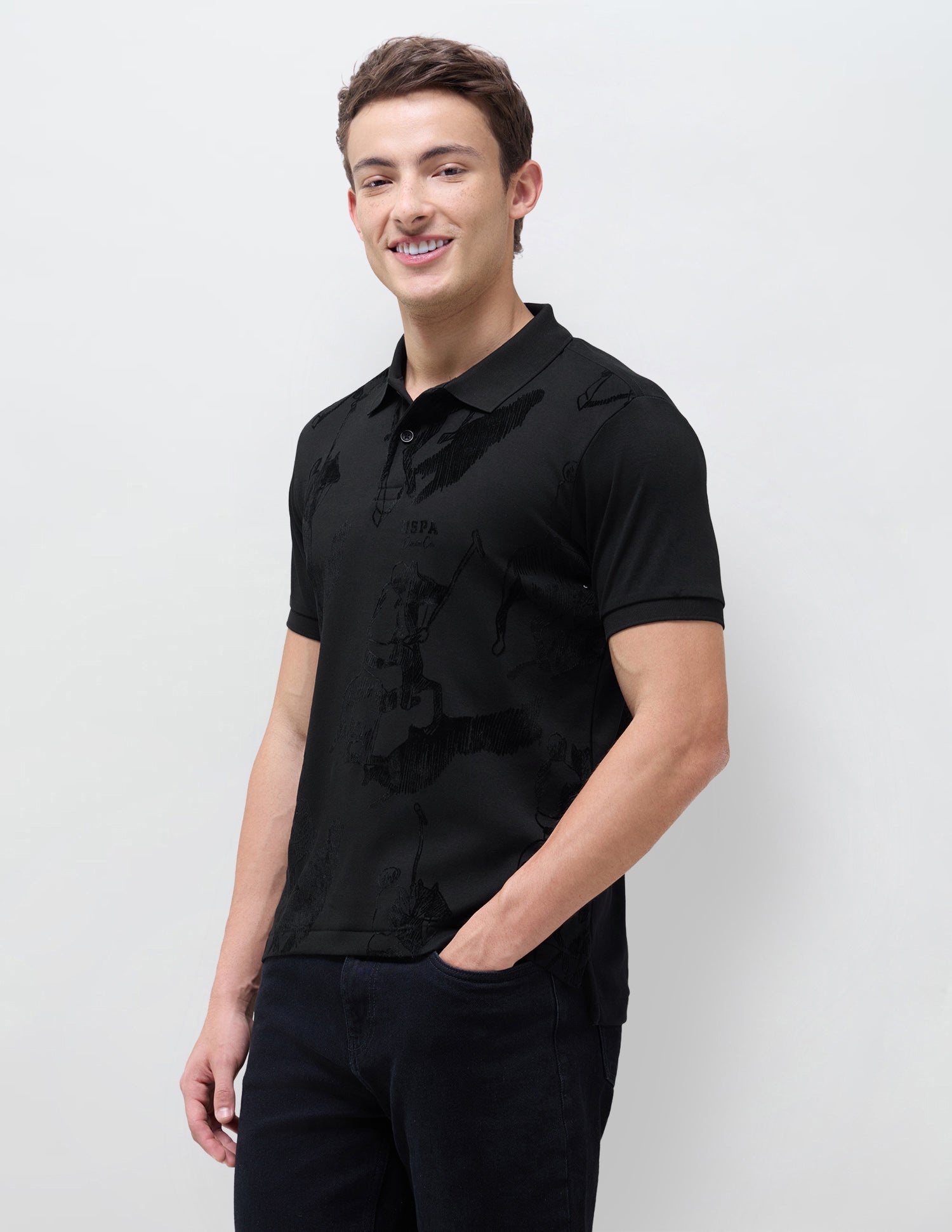 Graphic Brand Patterned Knit Polo Shirt Black - U.S. Polo Assn. India | Large