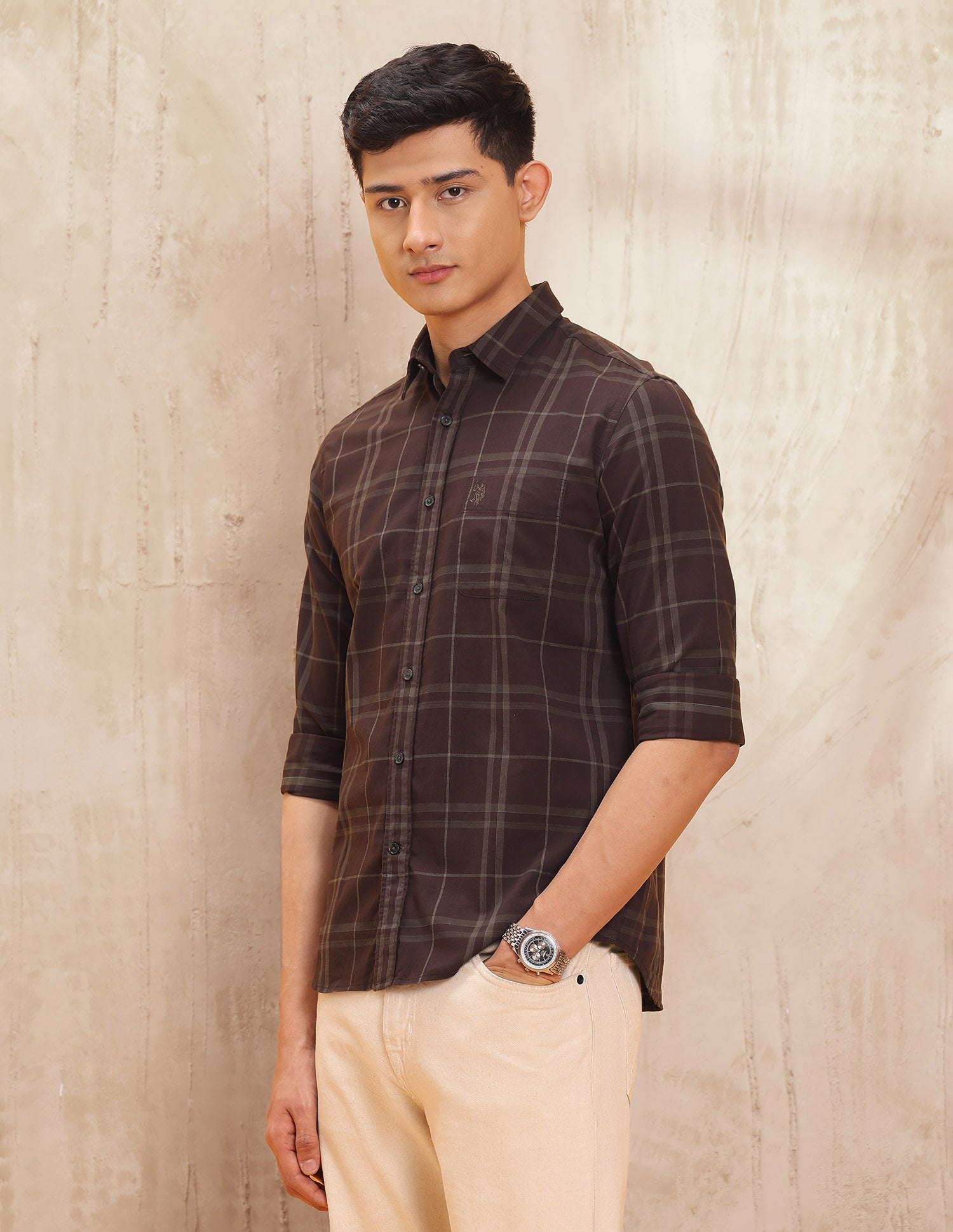 Grid Tattersall Checked Pure Cotton Shirt Wine - U.S. POLO ASSN. | Large