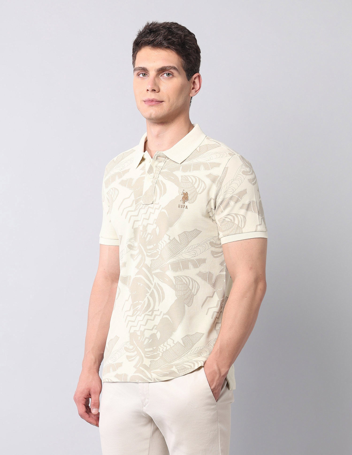 Tropical Printed Pure Cotton Polo Shirt Ivory - U.S. POLO ASSN. | Large