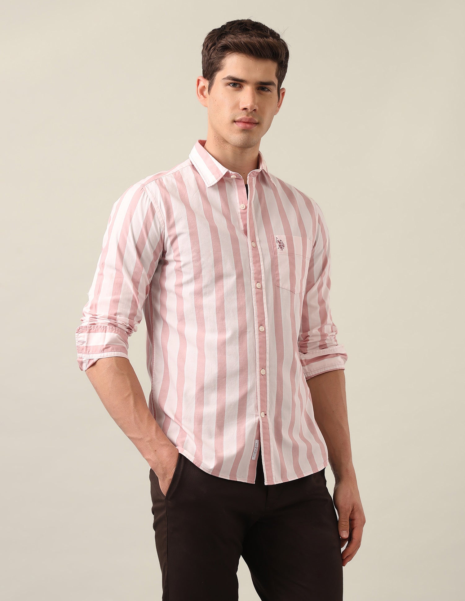 Tailored Fit Vertical Striped Shirt Peach - U.S. Polo Assn. India | Large