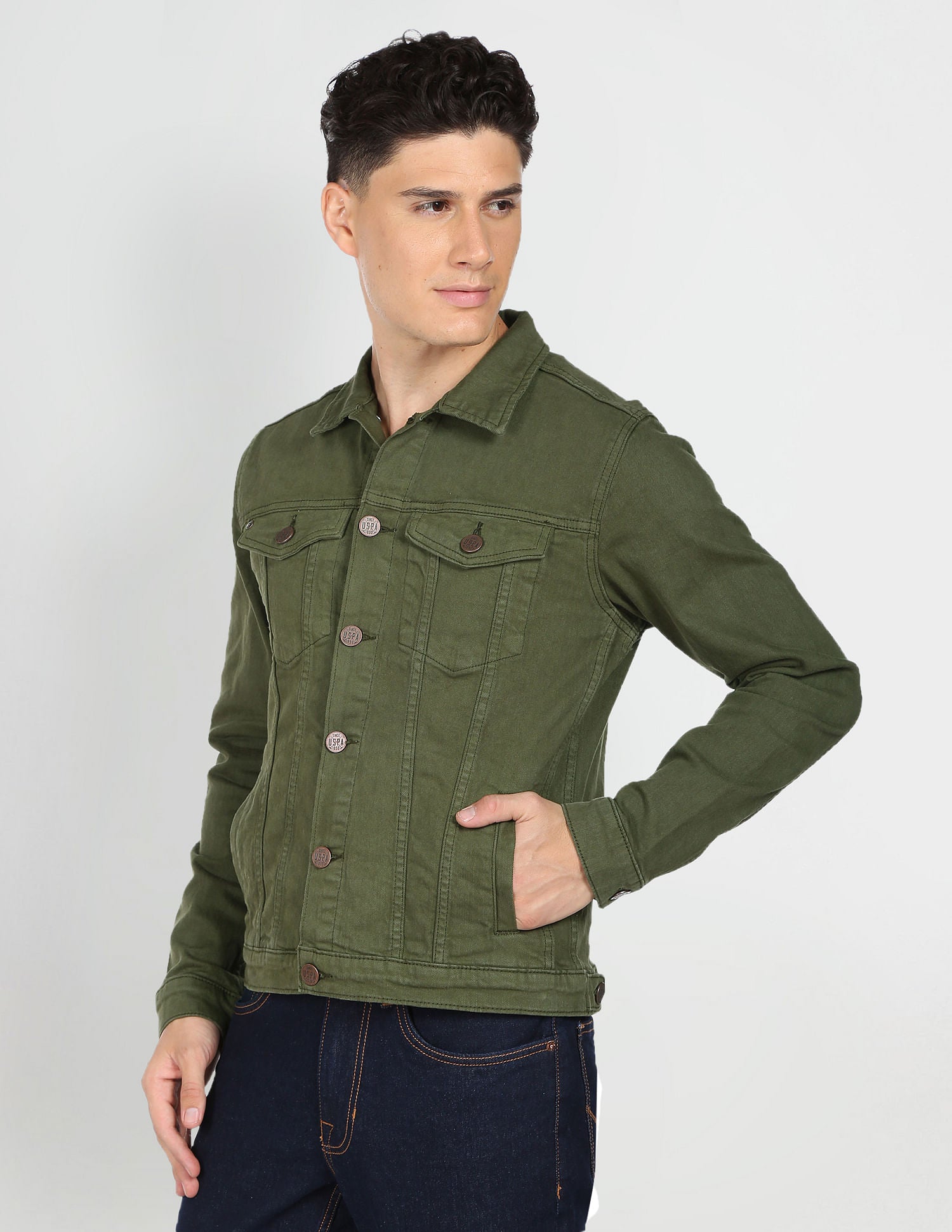 Buy HERE&NOW Men Olive Green Solid Denim Jacket With Pleat Detail - Jackets  for Men 10780722 | Myntra