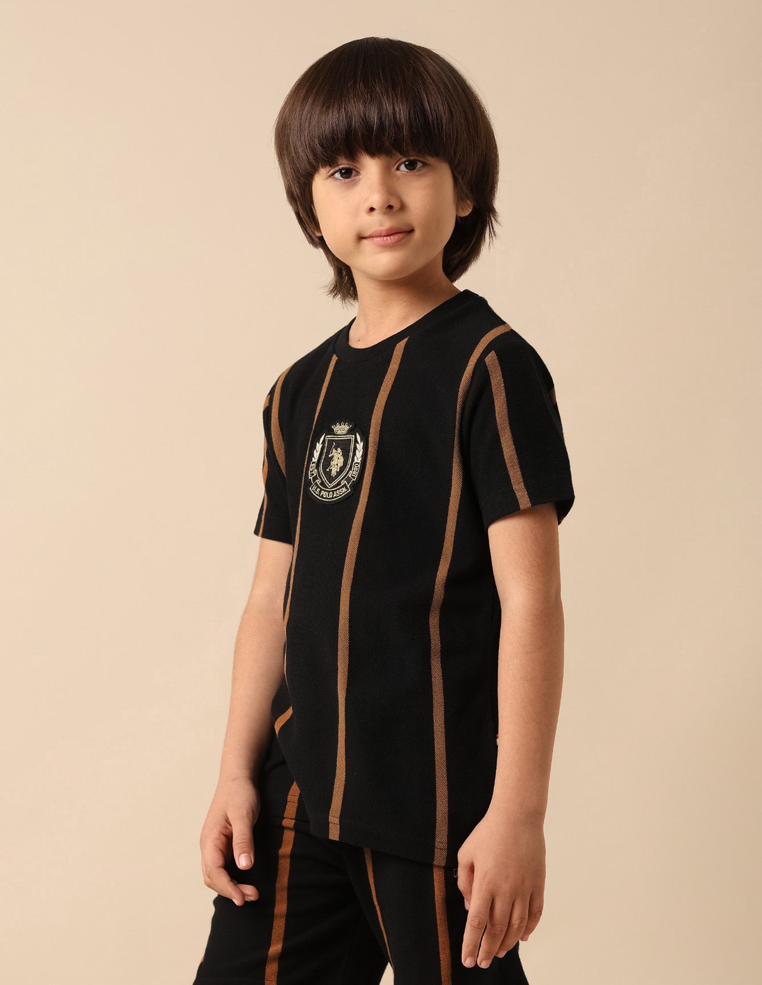 Boys Vertical Striped Pure Cotton T Shirt Black - U.S. POLO ASSN. | Large