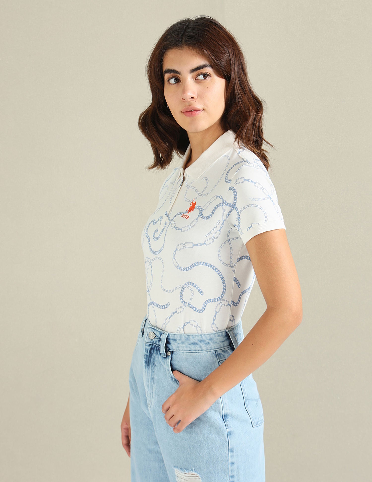 Chain Print Pique Polo Shirt Off-White - U.S. Polo Assn. India | Large