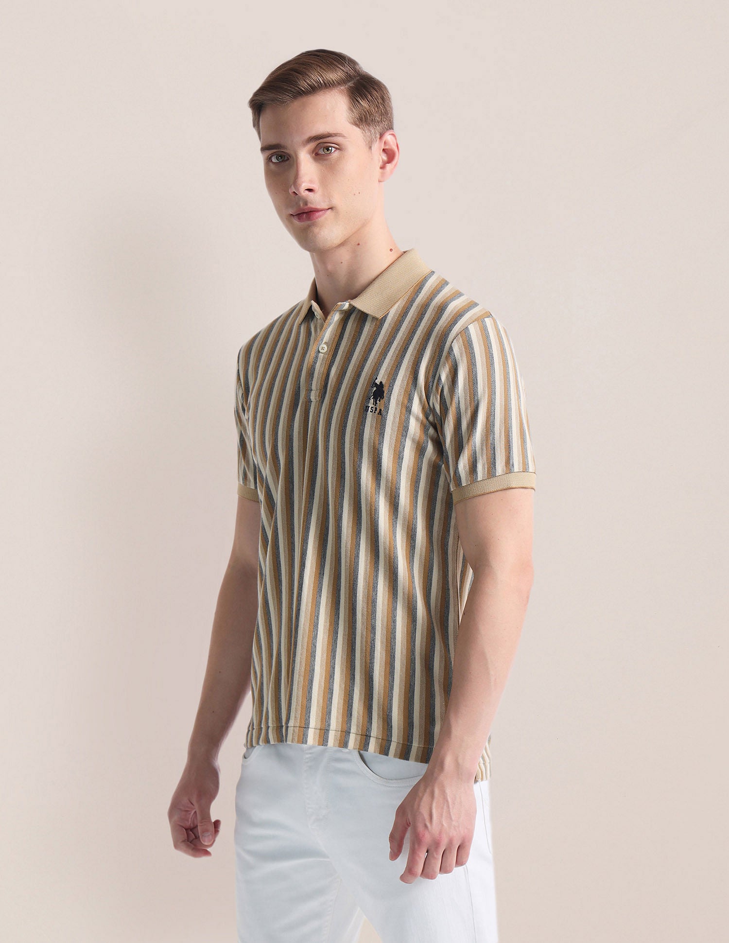 Vertical Stripe Logo Polo Shirt Beige - U.S. Polo Assn. India | Large