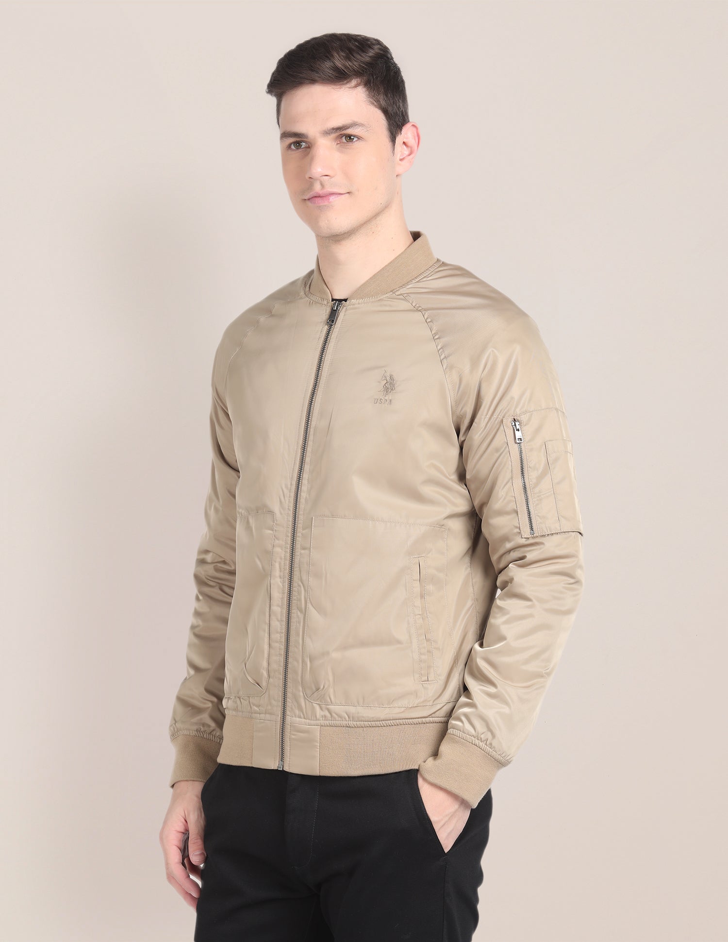 Solid Stand Collar Bomber Jacket Beige - U.S. Polo Assn. India | Large