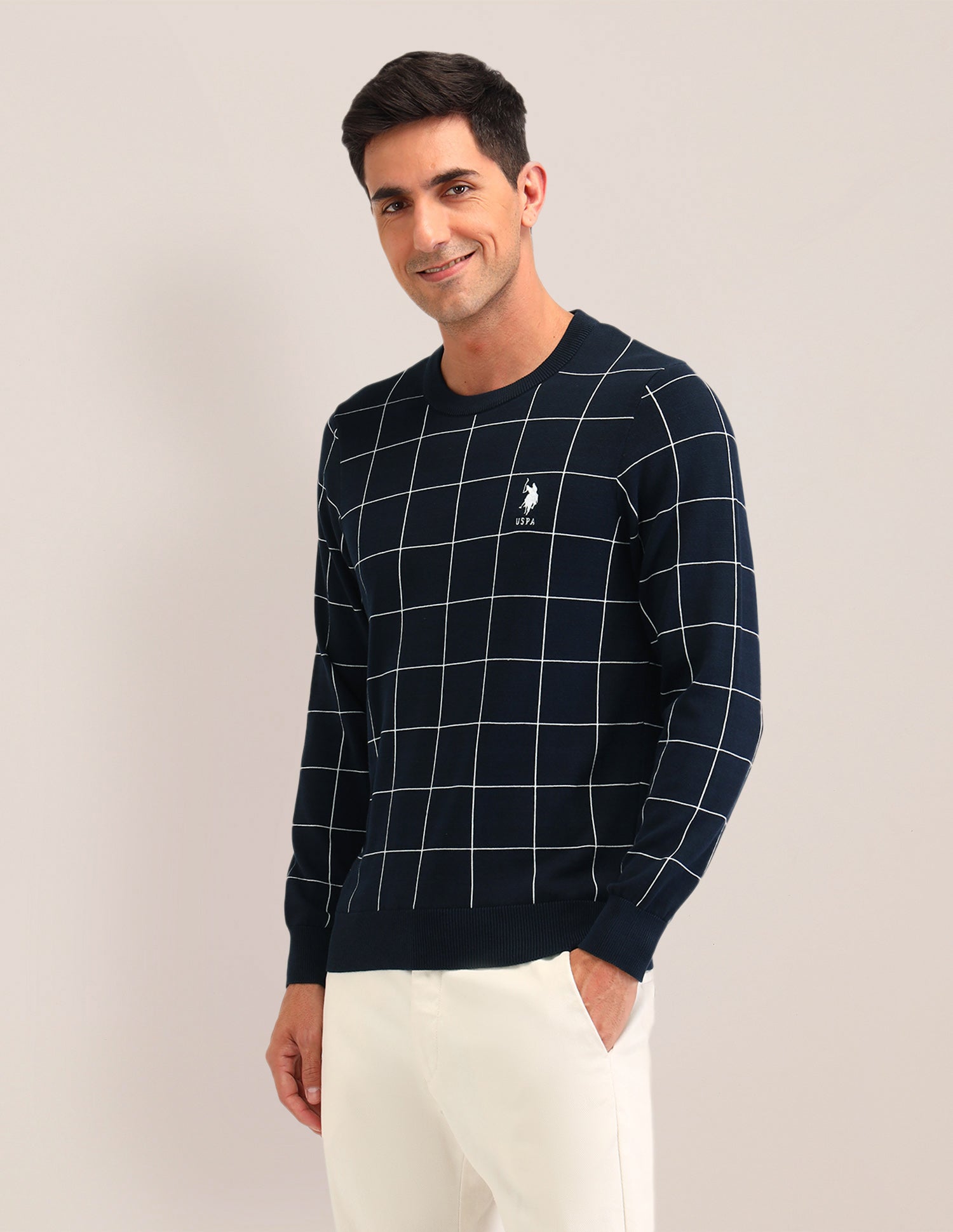 Checked Regular Fit Sweater Navy - U.S. Polo Assn. India | Large