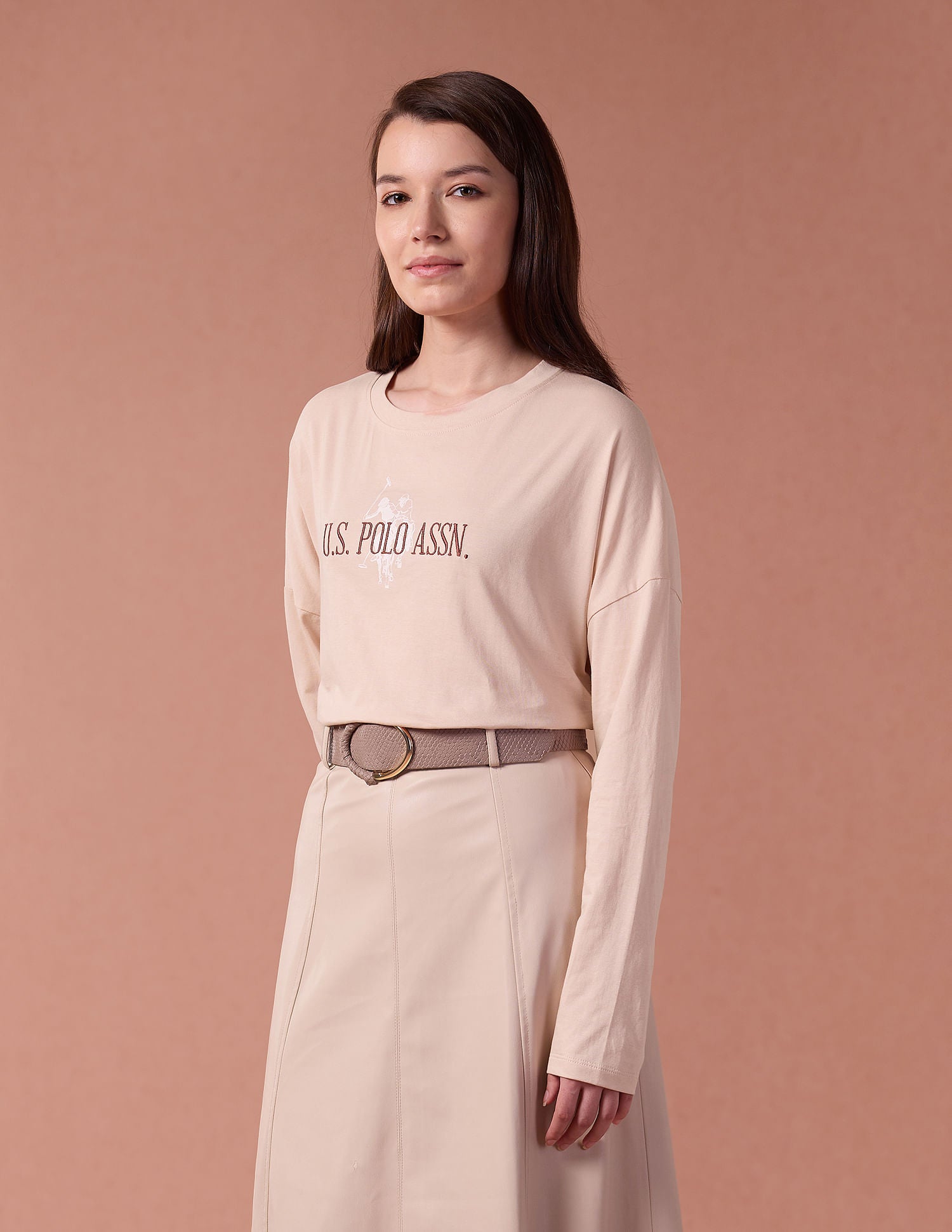 Drop Shoulder Brand Embroidered T-Shirt Beige - U.S. POLO ASSN. | Large