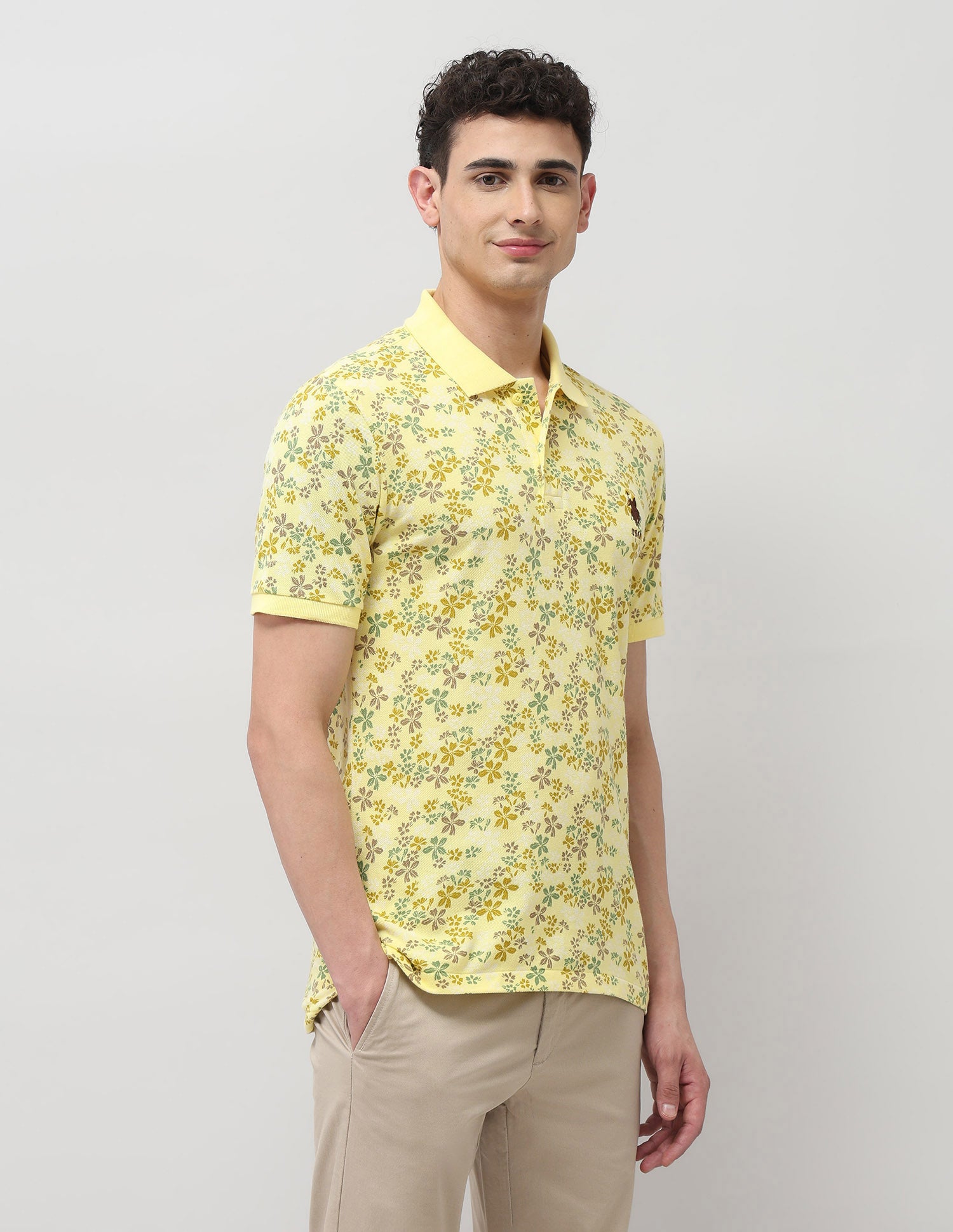 Pure Cotton Floral Printed Polo Shirt Yellow - U.S. Polo Assn. India | Large