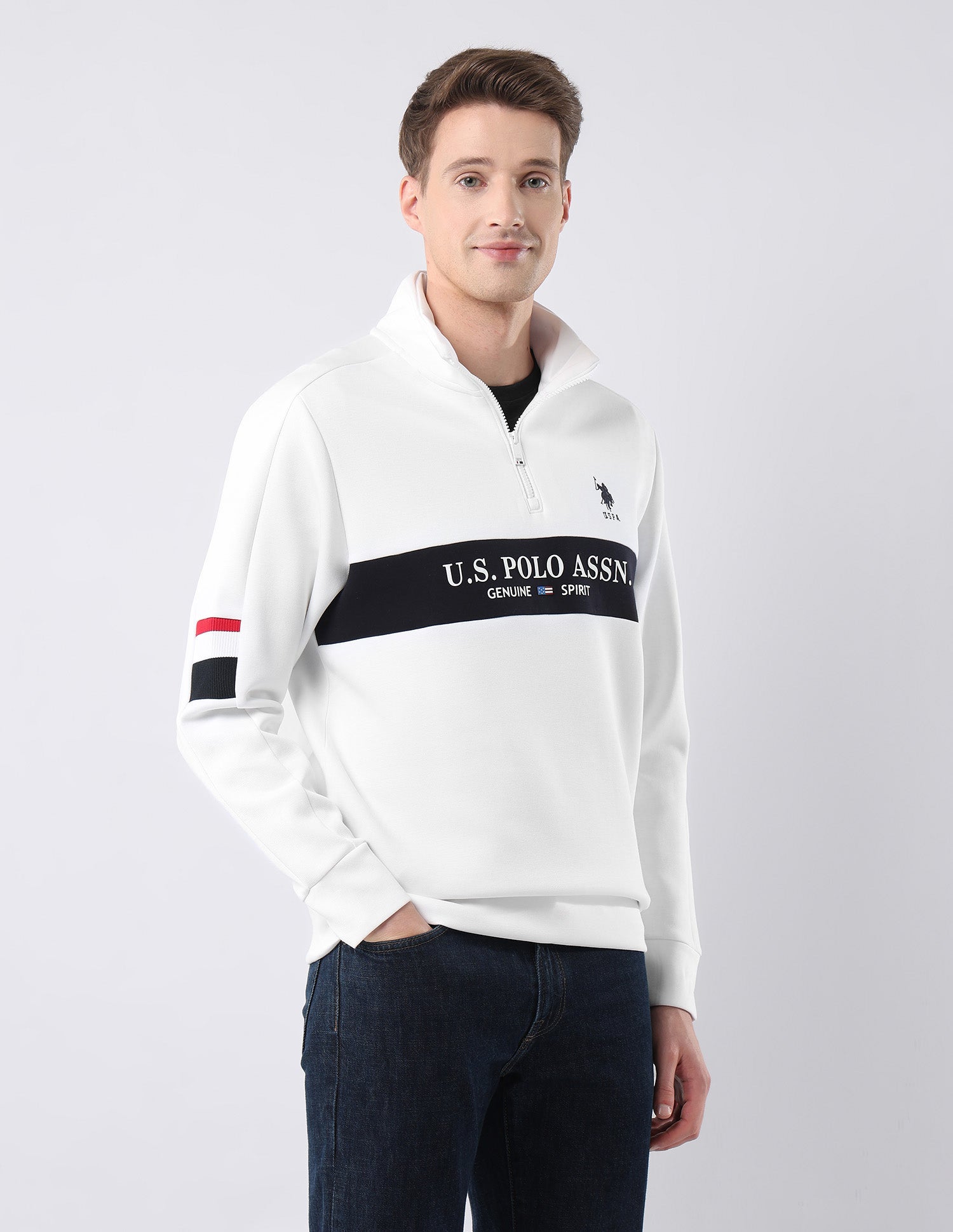 Brand Printed Zipper Sweatshirt White - U.S. POLO ASSN. | Large