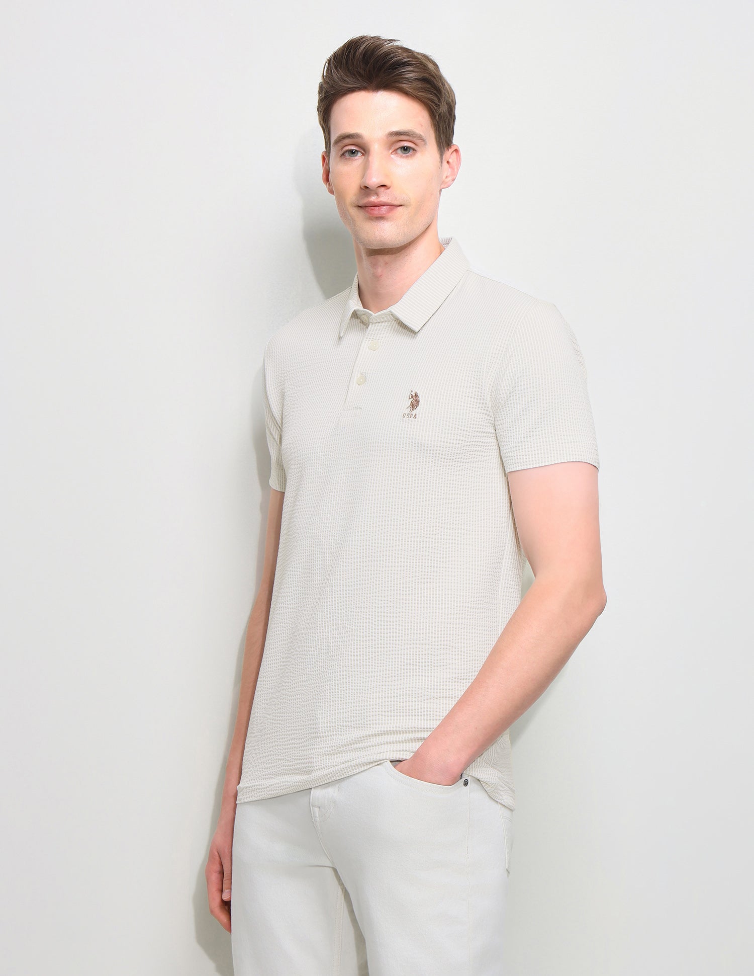 Textured Slim Fit Polo Shirt Off White - U.S. Polo Assn. India | Large