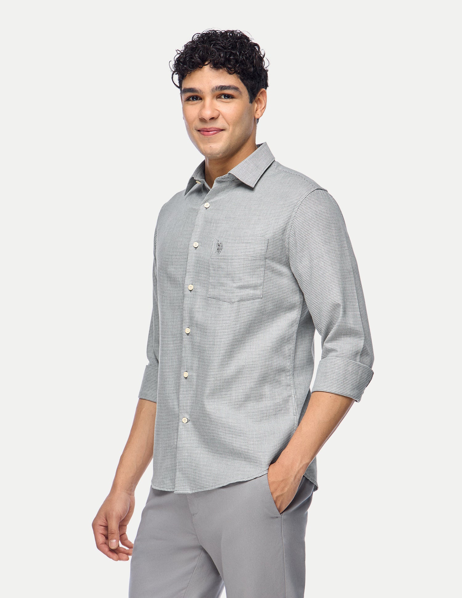 Houndstooth Printed Twill Shirt Light Grey - U.S. Polo Assn. India | Large